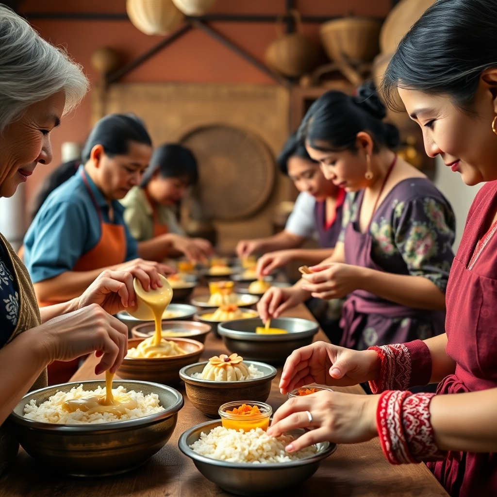 A vibrant, photorealistic image, 8K resolution, hyperrealistic detail. The scene depicts a Thai cooking class focused on traditional desserts.  Soft, natural lighting illuminates a cozy classroom setting with warm, earthy tones dominating the color palette. Multiple individuals, diverse in age and appearance, are actively engaged in making Thai desserts; some are carefully pouring batter, others are meticulously decorating their creations.  The image should focus on the hands-on experience, with detailed close-ups of the process alongside wider shots of the group.  Materials are shown with realistic textures: the sticky rice, the colorful ingredients, the wooden tools.   The background includes traditional Thai kitchen elements, such as woven baskets and ceramic bowls. The style should reflect a feeling of warmth, community, and cultural preservation. The camera angle varies between close-ups on hands and tools, and broader shots to capture the atmosphere of the class.  Reference style:  lifestyle food photography that emphasizes the cultural exchange aspect. 