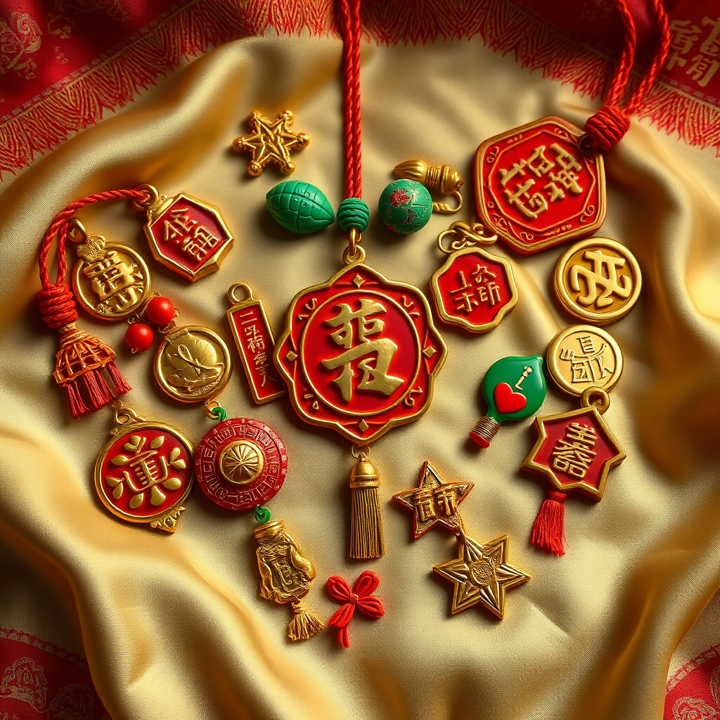 A vibrant, photorealistic image showcasing a collection of lucky charms and amulets arranged on a silk cloth. The charms include symbols of wealth, health, and happiness. Camera angle: overhead, capturing the details of each charm. Color palette: vibrant reds, golds, and greens.