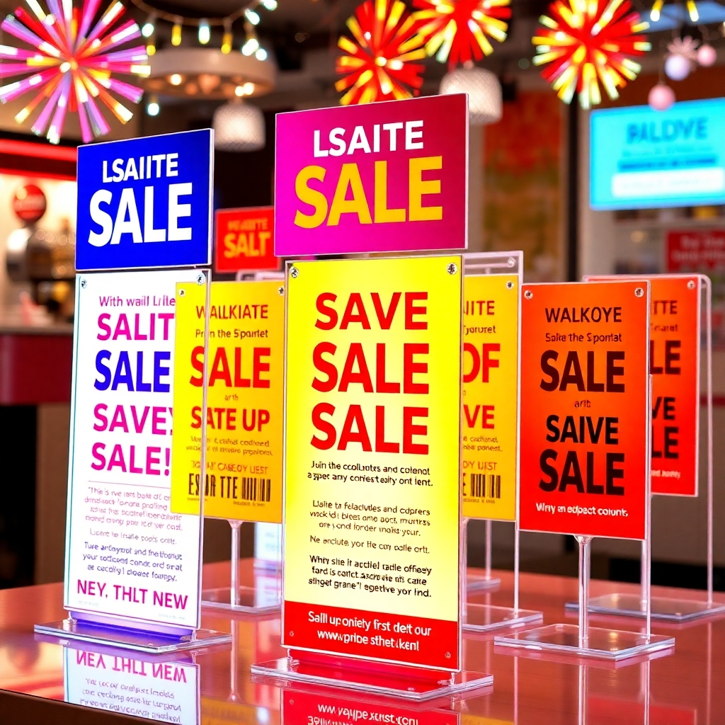 A visually appealing image of a collection of acrylic standees with promotional messages and discounts displayed on them. The standees are arranged in an eye-catching manner with vibrant colors and dynamic designs. The lighting is bright and festive, creating a sense of excitement. The style is sales-oriented and attractive, emphasizing the special promotions available.