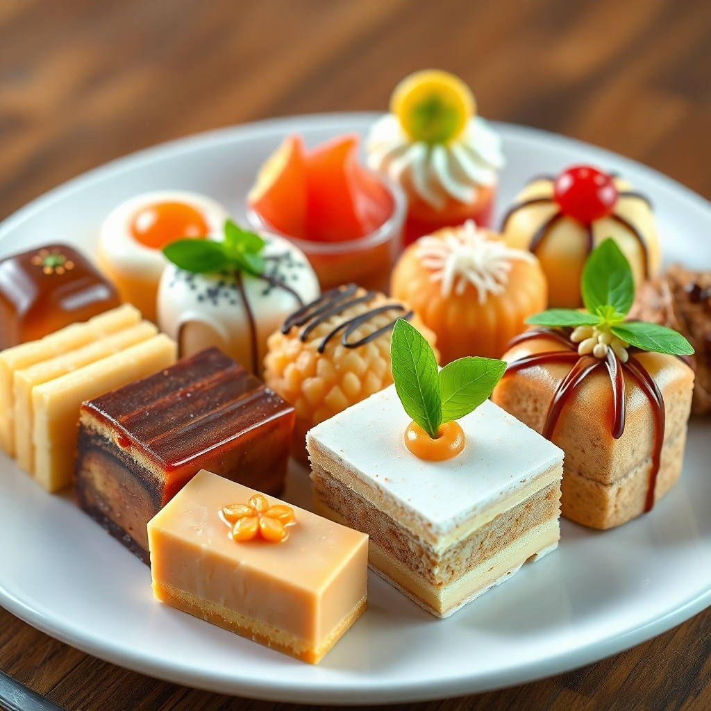 A visually appealing photorealistic image of an assortment of beautifully arranged traditional Thai desserts, showcasing their diverse textures, colors, and shapes. The image should be well-lit and have a high level of detail, emphasizing the deliciousness and artistry of the desserts. High resolution, photorealistic style.