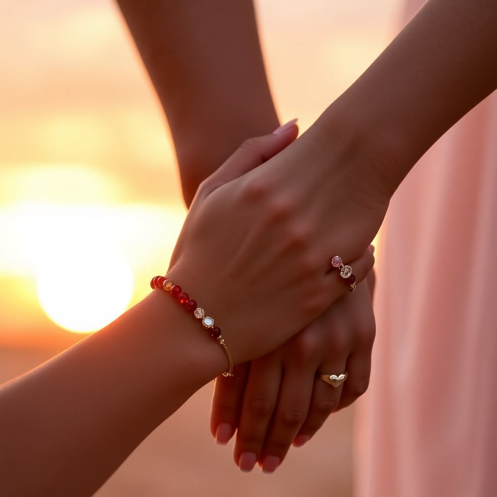 A warm and inviting image featuring two hands intertwined, adorned with matching gemstone bracelets. The background is a soft and romantic sunset, creating a sense of love and connection. The lighting is gentle and flattering, highlighting the beauty of the hands and bracelets. The camera angle is close-up, capturing the intimacy of the moment. The overall style is romantic and heartfelt, conveying a sense of love and companionship. 4k Resolution.