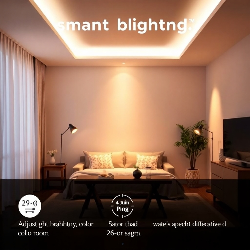A warm and inviting image showcasing a room with smart lighting, highlighting the ability to adjust brightness and color temperature for different moods and activities.