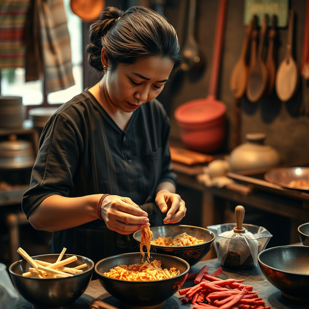 A warm, inviting scene depicting a traditional Thai woman carefully preparing 'ปลาส้ม' using age-old techniques. Focus on her hands, showing the intricate process of mixing ingredients. Use warm lighting to create a sense of nostalgia and tradition. The background should be a traditional Thai kitchen. 4K resolution.