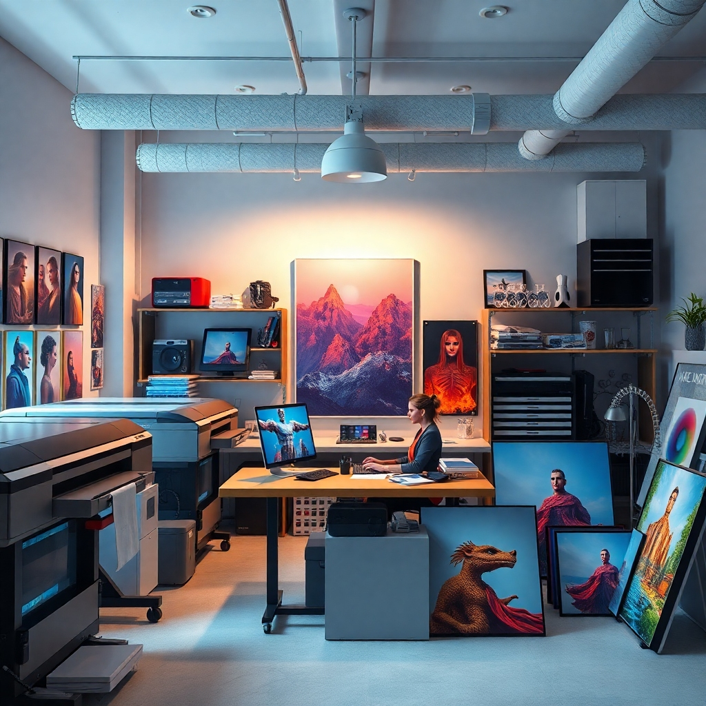 A well-lit image of a professional workspace dedicated to digital art printing.  The scene should show high-quality printers, various types of acrylic and canvas materials, and a designer working on a computer.  The overall aesthetic should be clean, modern, and convey a sense of expertise and professionalism. The image should also include examples of finished artwork, showcasing the variety and high quality of the prints.