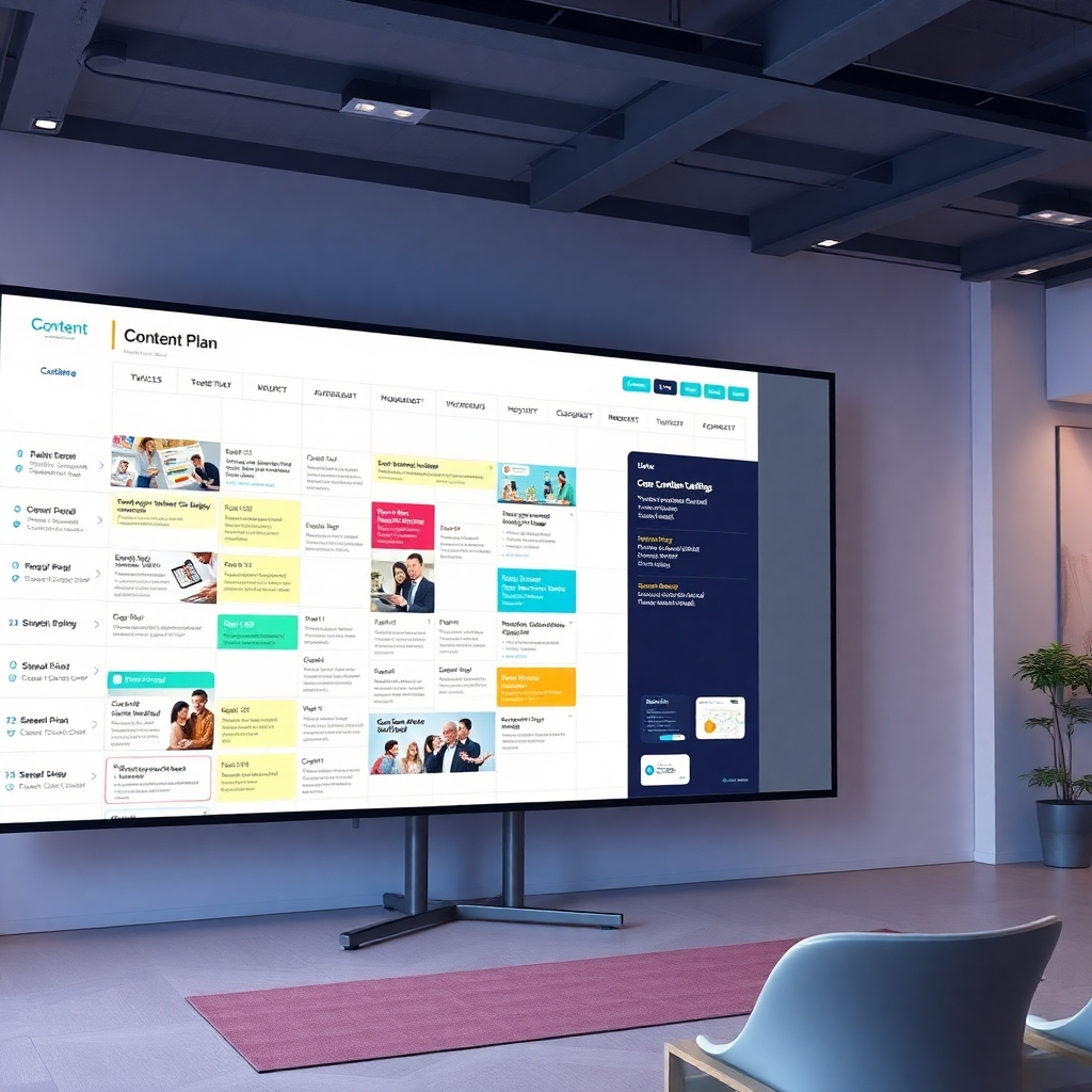A well-organized and visually appealing content calendar displayed on a large screen, showing a content plan with diverse formats such as articles, videos, and infographics, all strategically scheduled. The scene should be clean and professional, emphasizing efficiency and planning. Photorealistic style.