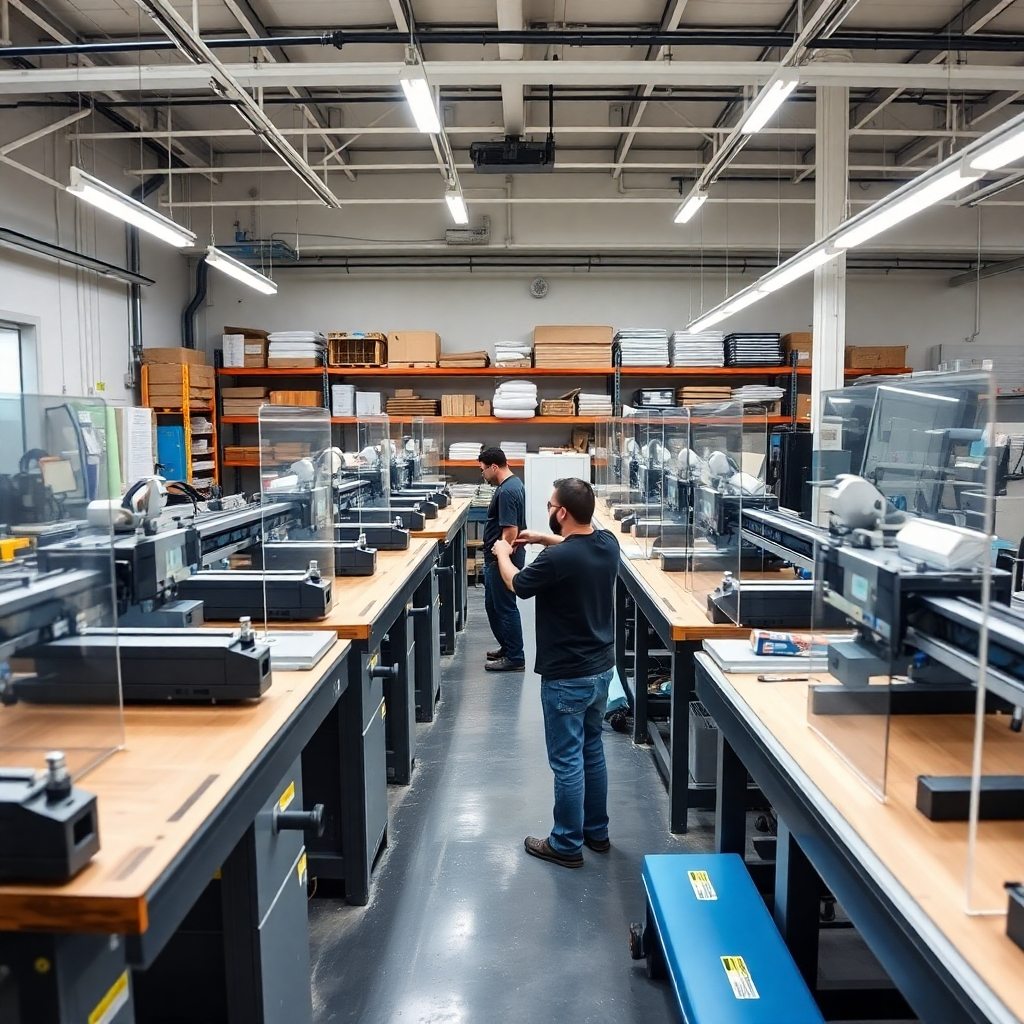 A wide-angle photorealistic image of a busy workshop with multiple acrylic standees in various stages of production. Workers are seen operating printing machines and assembling the standees. The lighting is bright and efficient, creating a sense of productivity. The background shows shelves stocked with acrylic sheets and printing supplies. The style is industrial and organized, emphasizing the company's ability to handle both small and large orders.
