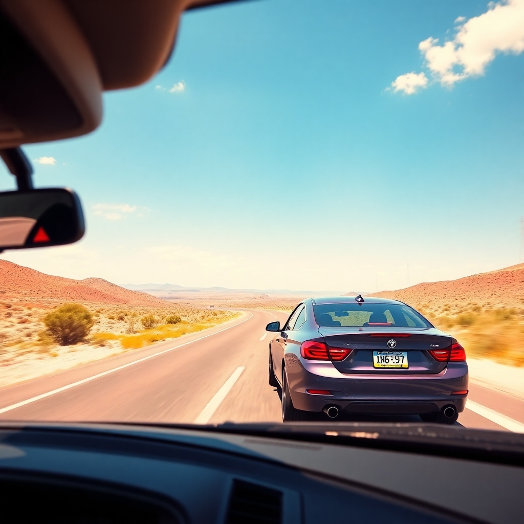 A wide, scenic image showing a car driving on a beautiful road with clear skies. The car represents freedom and adventure. The background is a picturesque landscape. Bright and sunny lighting with a vibrant color palette. Camera angle is a wide shot, capturing the sense of freedom and adventure.