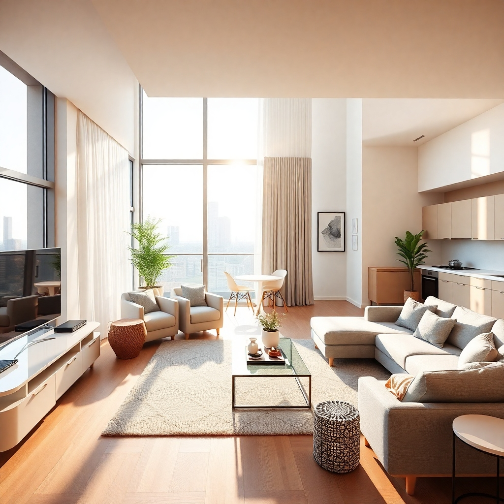 A wide shot showcasing a bright and inviting condo unit interior, with modern furniture and natural light streaming in.  The image should highlight the condo's features and amenities, such as a spacious living area, a modern kitchen, and a balcony with a pleasant view. The overall mood should be warm and welcoming.