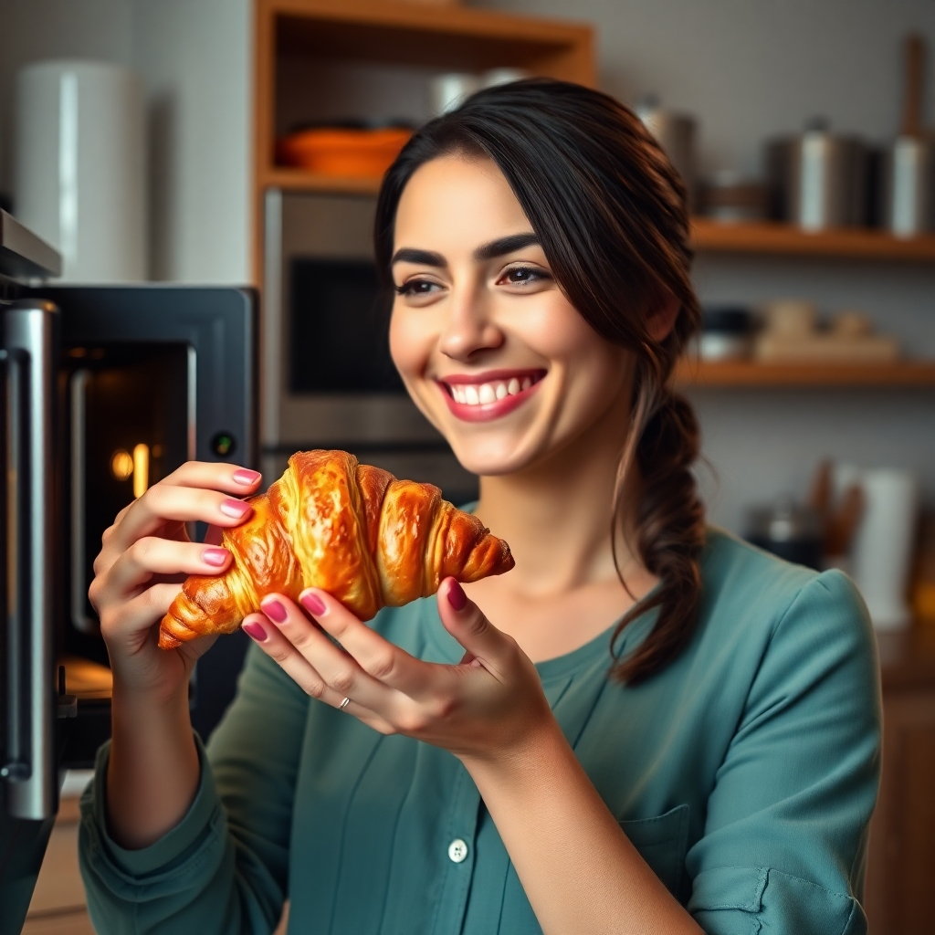 A woman smiling happily as she takes a perfectly golden-brown croissant out of a microwave oven. The croissant is steaming slightly, and the background shows a busy, yet organized, kitchen. The overall mood should be one of ease and efficiency. Style: Photorealistic