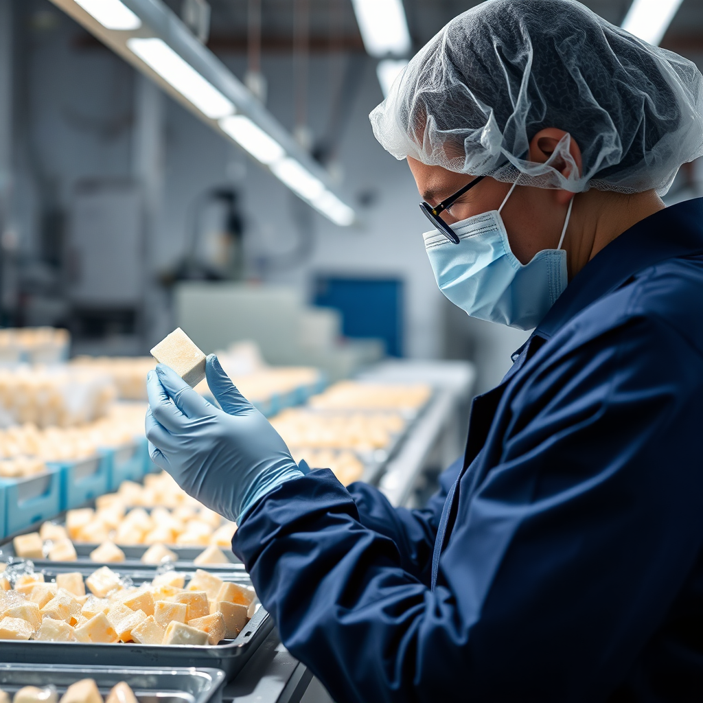 A worker wearing a hairnet and gloves carefully inspecting 'ปลาส้ม' in a clean production environment. Emphasize the strict adherence to hygiene and quality control standards. Use bright, sterile lighting. 4K resolution.