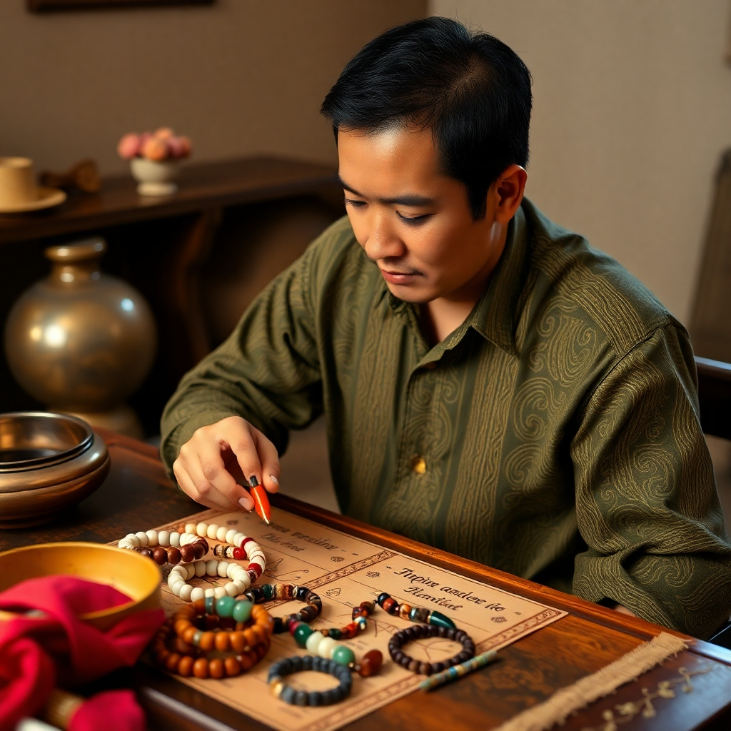Stylized image of a designer working on a crystal bracelet. The designer is surrounded by various crystals, tools, and design sketches. The lighting is bright and professional, highlighting the creativity and craftsmanship involved in creating custom bracelets. The image evokes a sense of luxury and personalized attention.