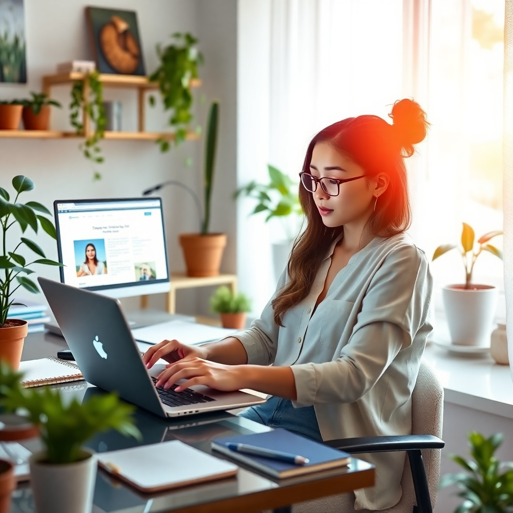 A young woman sitting at her laptop in a brightly lit home office, surrounded by notebooks and plants, thoughtfully researching keywords and competitor websites on multiple browser tabs. The scene should feel vibrant and optimistic, conveying a sense of focused planning and preparation for online success. Photorealistic style, highly detailed.