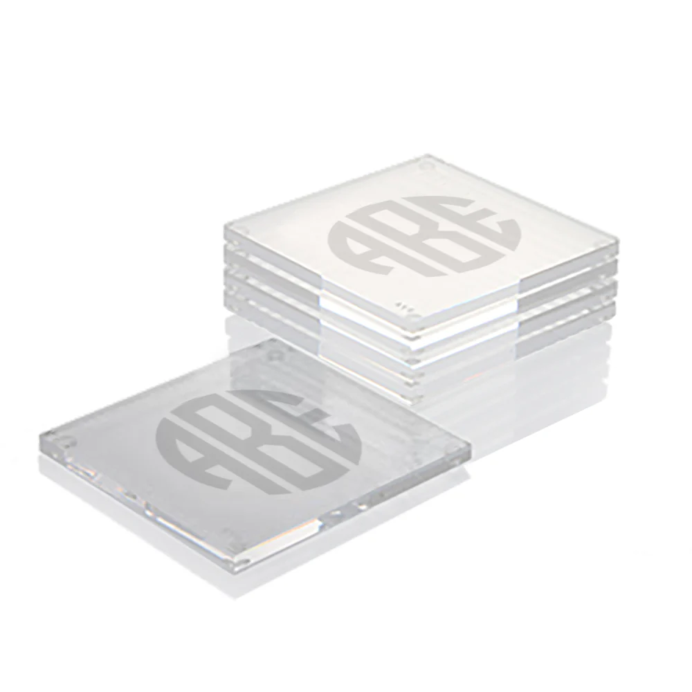 A photorealistic image of a set of elegant acrylic coasters with a company logo laser-etched onto them.  The coasters should be displayed on a polished wooden table, with a soft, warm light illuminating them.  The background should be slightly blurred, focusing attention on the coasters. The logo should be modern and sophisticated.
