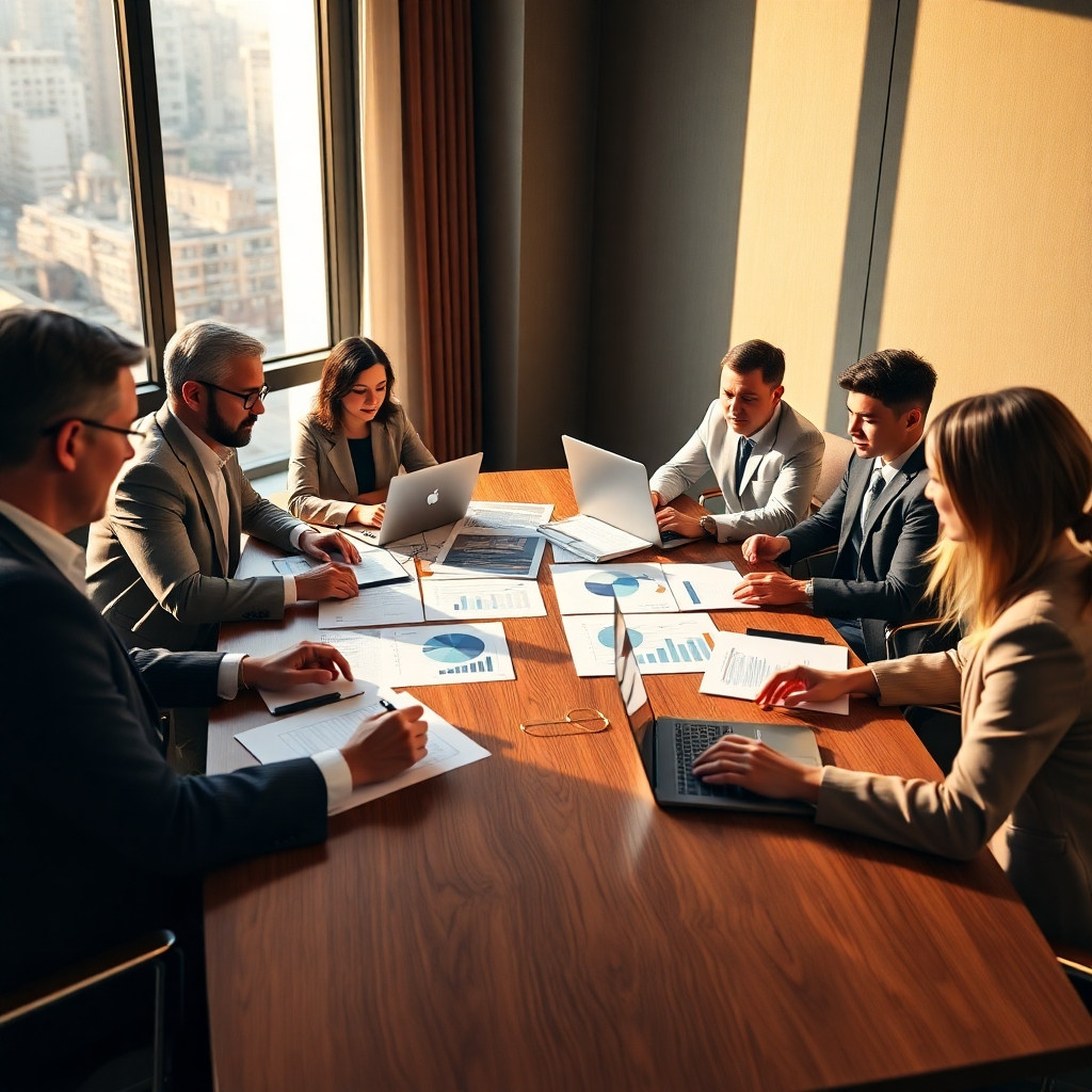 An 8K resolution, hyperrealistic image of a team of professional accountants collaborating around a large conference table. The scene is bathed in warm, soft lighting from a large window, creating a welcoming and professional atmosphere.  The color palette is sophisticated, using earthy tones like deep browns and creams with accents of metallic gold in the table's details. The table is laden with financial reports, graphs, and charts, each with a detailed and textured presentation.  The accountants, diverse in age and background, are actively discussing documents, showcasing collaborative teamwork.  The camera angle is slightly elevated, capturing the dynamic interaction and the meticulously arranged table.  The overall mood is one of professional confidence and diligent work. Texture and material details are sharply rendered, showing the subtle grain of the paper, the sheen of the laptops, and the fine details of the clothing fabrics.  The background subtly incorporates a modern, minimalist office design. The style should be reminiscent of a high-end corporate photoshoot, focusing on portraying expertise, trust, and collaborative work culture. The image should be rendered with exceptional sharpness and attention to detail.