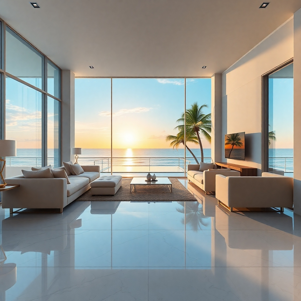 An 8K resolution, hyperrealistic image of a modern beachfront condo in Pattaya, Thailand.  The condo features floor-to-ceiling windows showcasing a breathtaking sunrise over the Gulf of Thailand. Soft, diffused morning light illuminates the spacious living area, highlighting polished marble floors and contemporary furniture.  The color palette is calming, featuring soft blues, whites, and beige, reflecting the ocean and sand. The camera angle is from inside the condo, looking out towards the ocean, capturing the infinity pool and pristine beach.  Texture details include smooth marble, soft fabrics, and the coarse texture of the sand. The background includes palm trees swaying gently in the breeze, a clear blue sky, and the glistening ocean.  The overall mood is serene and luxurious, evoking a feeling of tranquility and escape. The style is reminiscent of the work of renowned architectural photographers, showcasing the condo's elegance and the beauty of its surroundings.  Include subtle reflections of the sunrise on the water and in the glass surfaces.