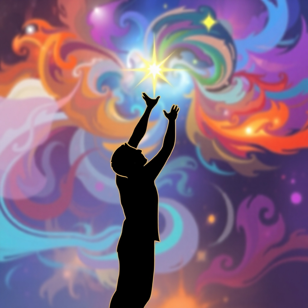 An abstract, stylized image depicting a person reaching towards a bright, shining star. The background is a swirling galaxy of colors, representing infinite possibilities. The person's silhouette is outlined in gold, symbolizing hope and inspiration. The overall composition is dynamic and uplifting, conveying a sense of empowerment and possibility. The style is inspired by modern digital art, with a focus on vibrant colors and bold shapes. The image should evoke a sense of wonder and encourage viewers to pursue their dreams. 4k Resolution