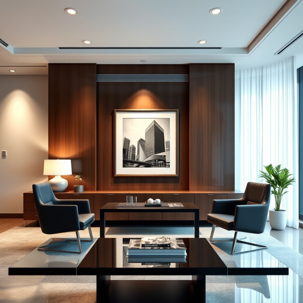 An acrylic print is displayed in an elegant office space. The focus is on how the print enhances the overall aesthetics of the setting. Style: Interior design photography.