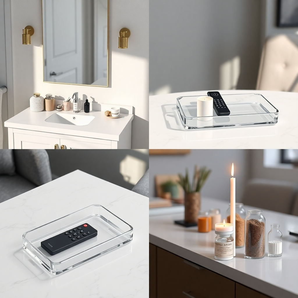 An acrylic tray is shown in three different settings:  one on a bathroom vanity holding cosmetics, one on a coffee table with a remote and candles, and one in a kitchen holding spices.  The photos should showcase its versatility and practicality. High-resolution, photorealistic, detailed textures, 8k