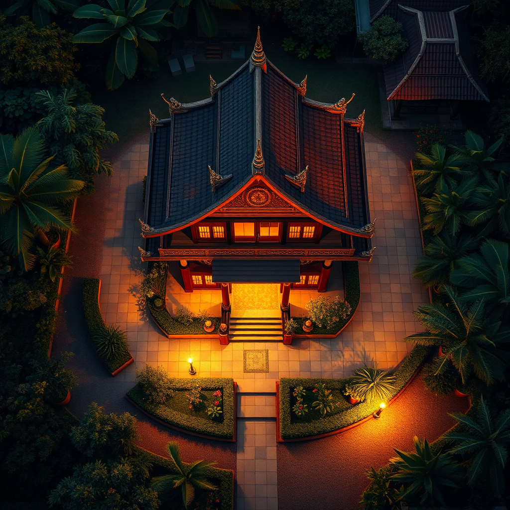 An aerial photorealistic view of a traditional Thai house with the cardinal directions marked around it. The house is surrounded by a lush garden. The lighting is warm and inviting.