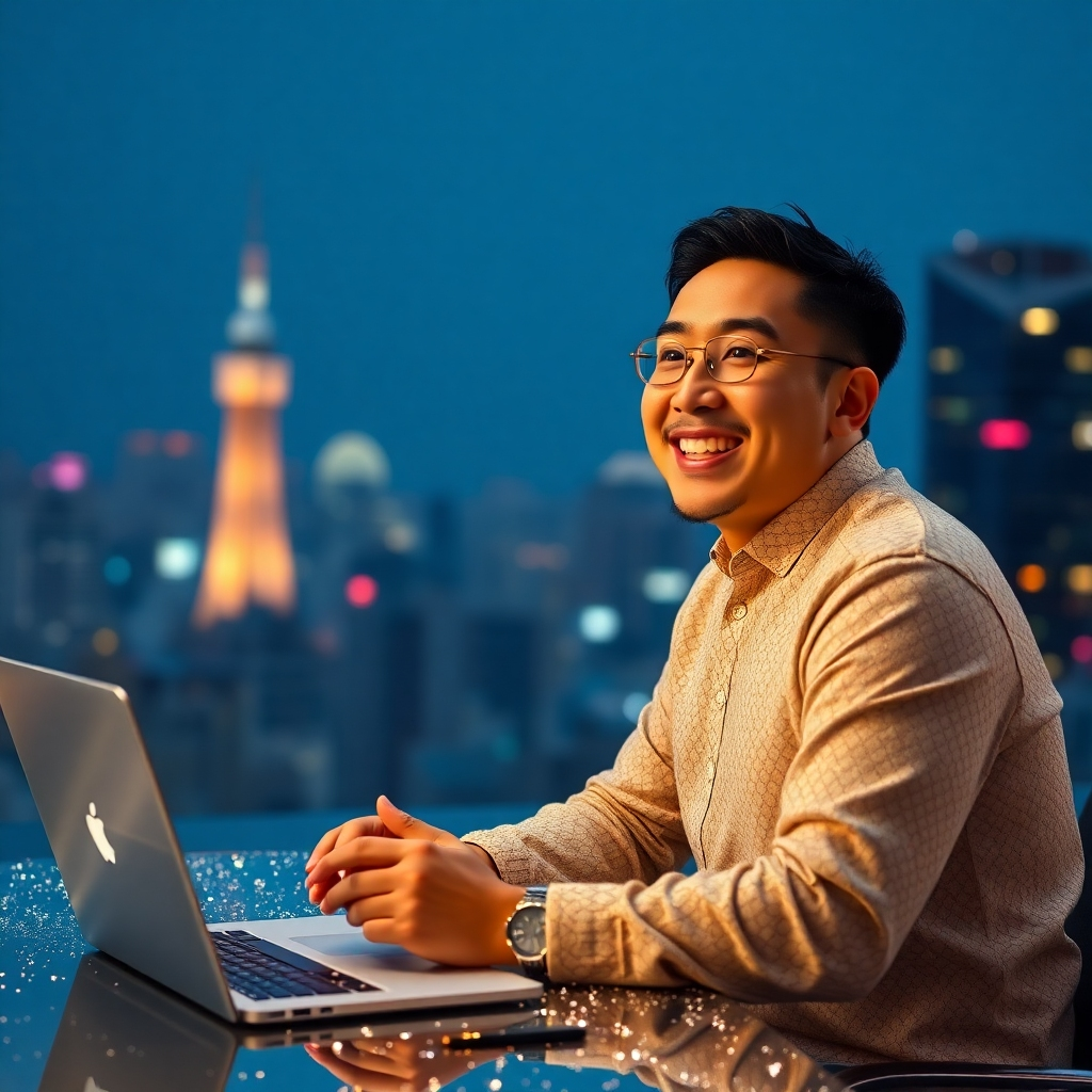 A photorealistic image depicting a person happily celebrating a successful affiliate marketing campaign.  The image should show a laptop displaying analytics showing significant increases in sales and commissions, while confetti rains down.  The background could be a home office or a celebratory environment, reflecting the feeling of success and achievement. The person should appear happy, relaxed and successful