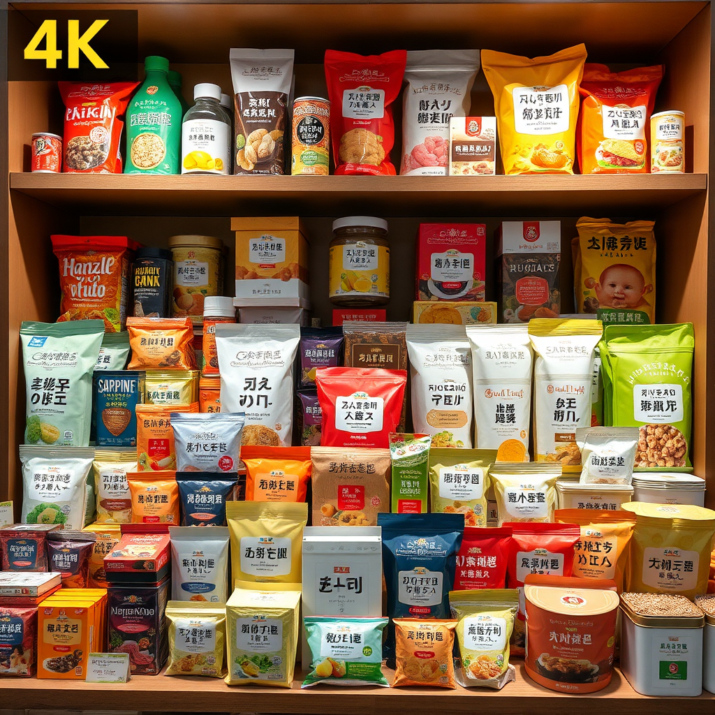 An attractive display of the full range of 'ปลาส้ม ปลาร้า วันทนีย์' products. The products should be arranged in an appealing manner, showcasing the variety of textures, colors, and packaging. The background should be a well-lit shelf or display stand. Consider using props to enhance the visual appeal. 4K resolution.