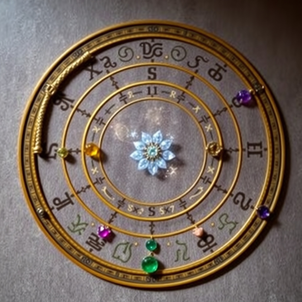 An image combining a stylized astrological chart with gemstone bracelets representing each zodiac sign. The image should focus on the intersection of astrology and gemstone energy. The lighting should be magical and evocative. The camera angle should be slightly overhead. The style references could be celestial artworks or illuminated manuscripts. The color palette should have a celestial vibe. Technical specs: 4K resolution, stylized.