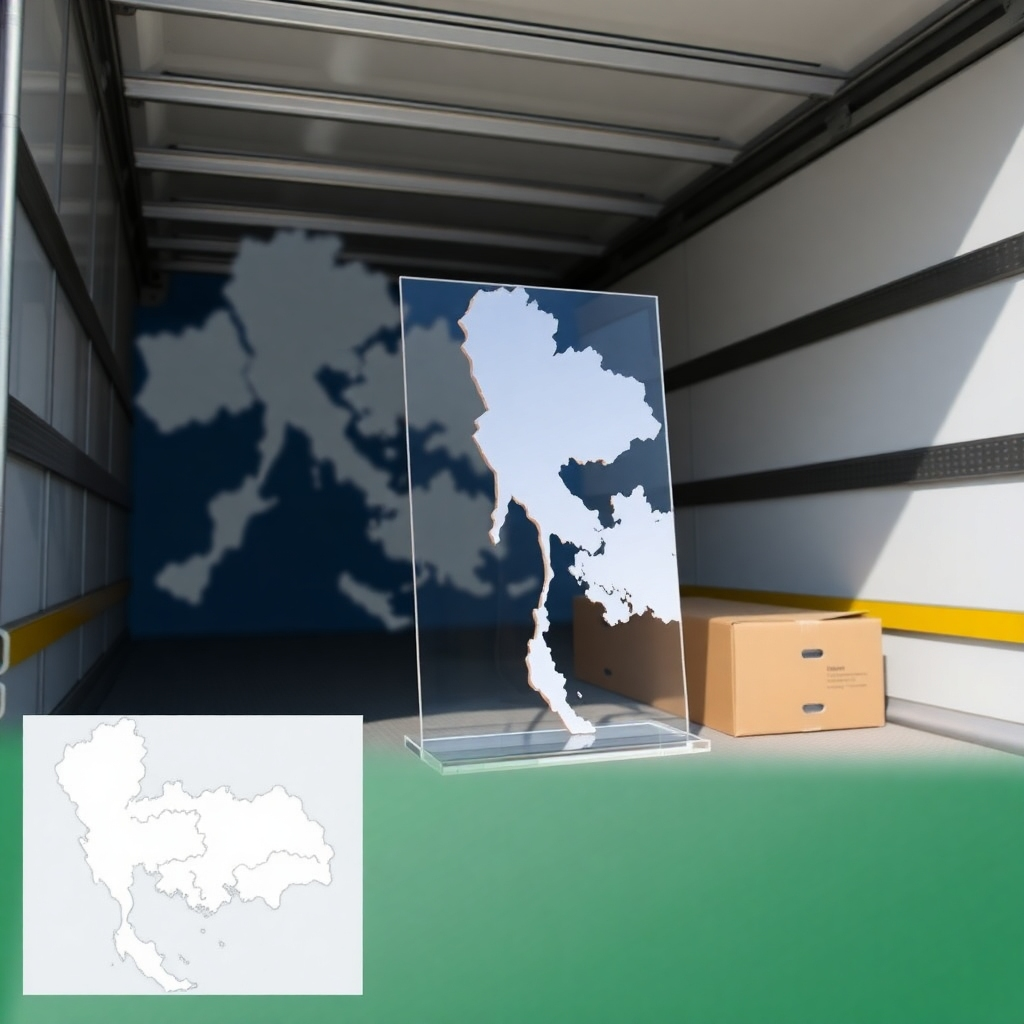 An image of a packaged acrylic standee being loaded into a delivery truck, with a map of Thailand in the background. The lighting is bright and clear, highlighting the efficiency of the delivery service. The style is logistical and reliable, emphasizing the company's nationwide delivery capabilities.