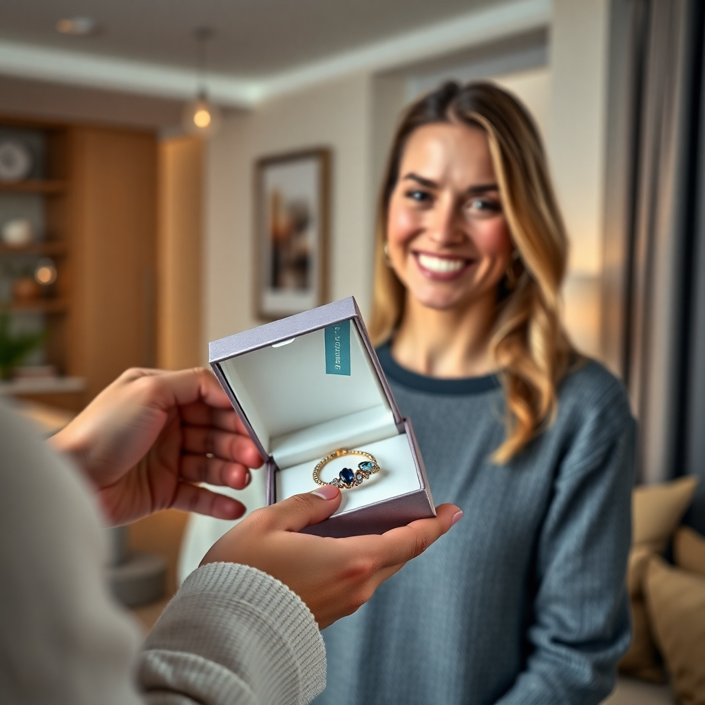 An image showing a beautifully packaged gemstone bracelet being carefully delivered to a customer. The package should be elegant and luxurious, reflecting the high quality of the bracelet inside. The customer should look happy and satisfied, emphasizing the positive experience of receiving the personalized bracelet. The background should be a modern and stylish home setting.