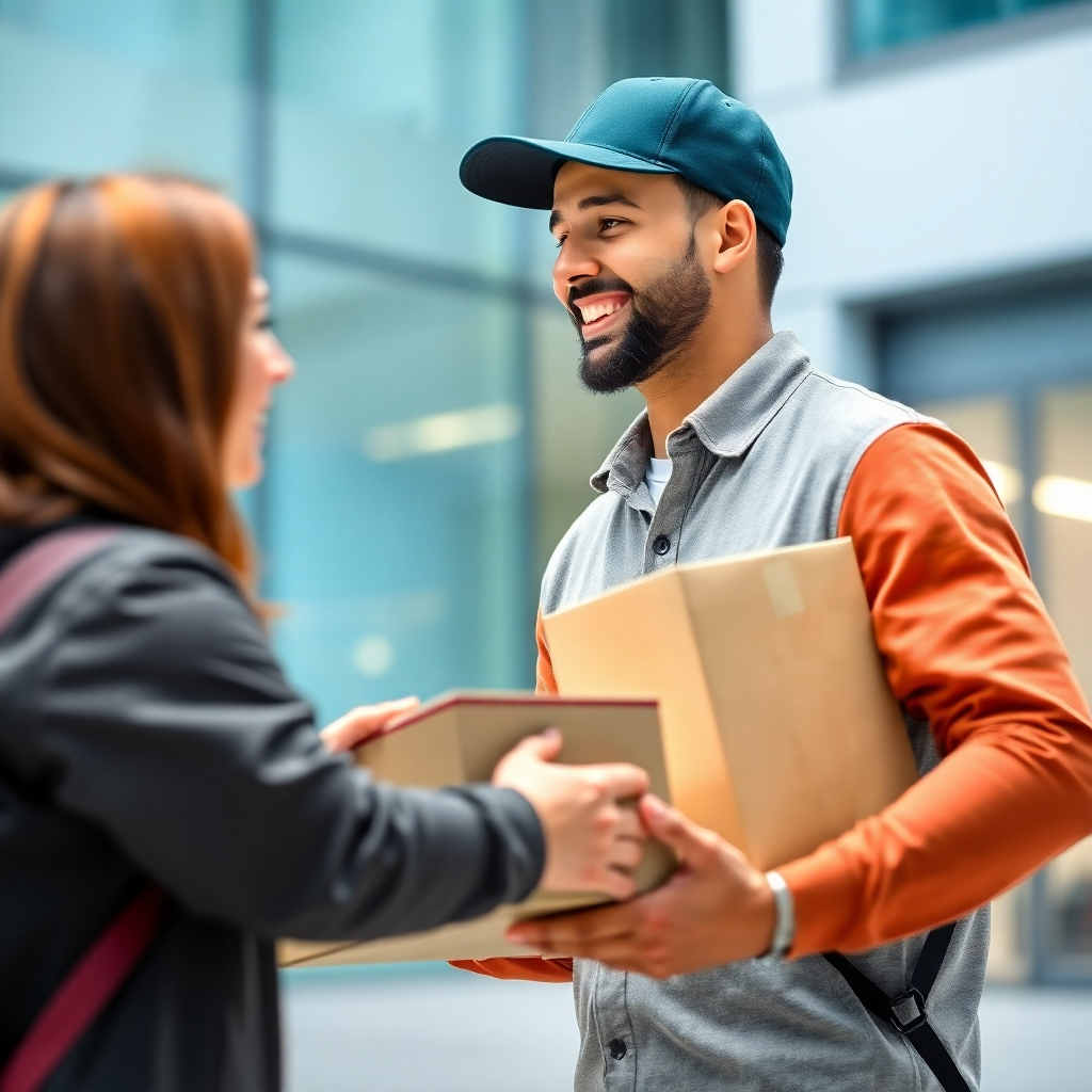An image showing a driver delivering a package to a customer with a smile. The background is a modern office building or a residential home. The lighting is bright and professional, conveying efficiency and reliability.