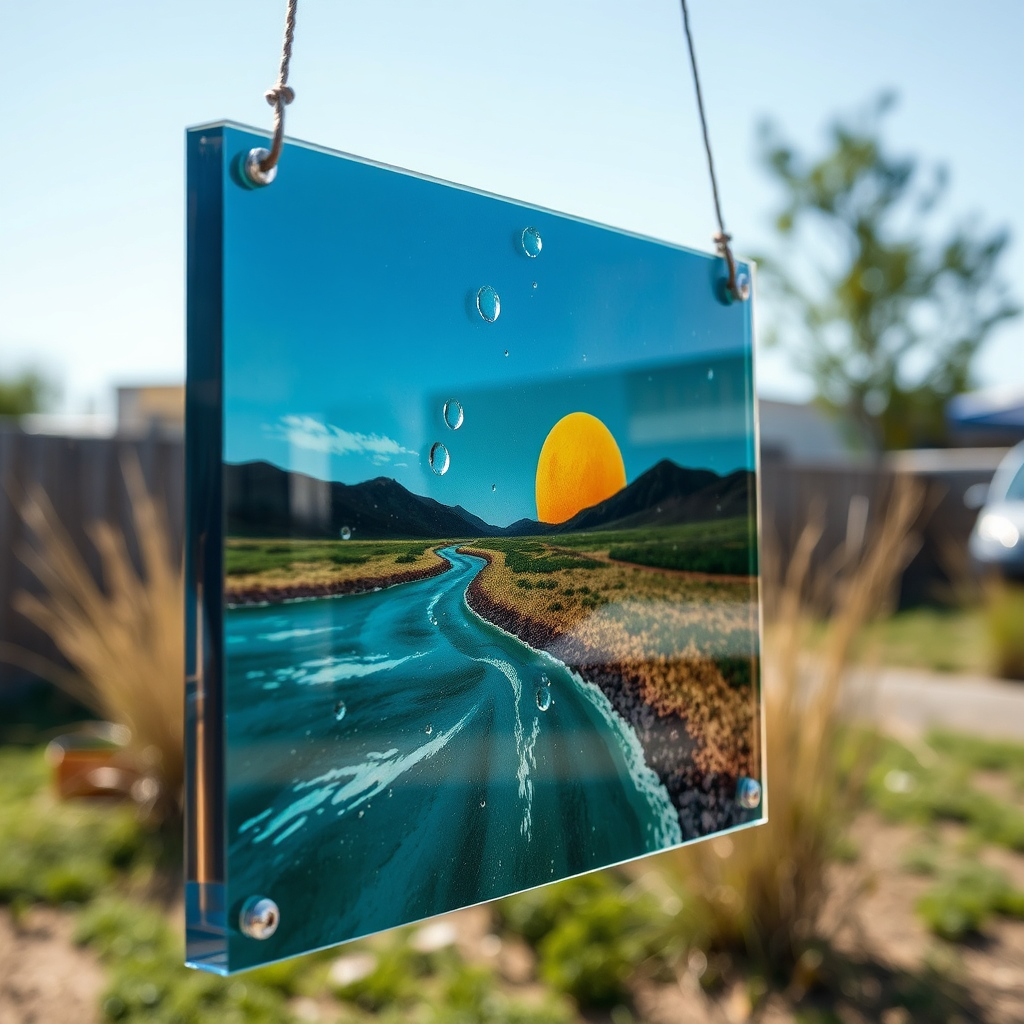 An image showing a UV-printed acrylic piece displayed outdoors, exposed to sunlight and weather elements. The acrylic print looks as vibrant and clear as it did when first printed. The surrounding environment is blurred to focus on the resilience of the print. Style: Documentary photography.