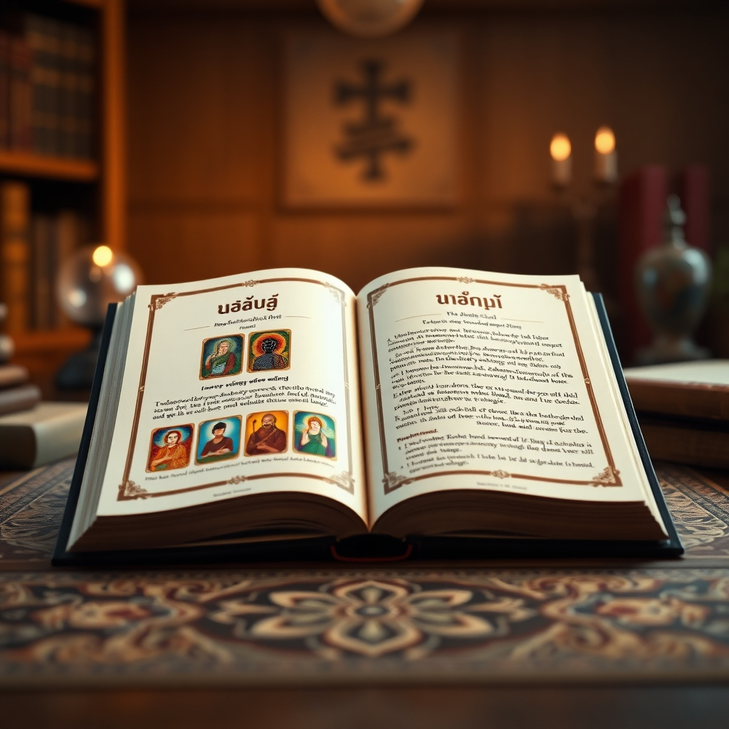 An image showing an open book with 'คู่มือไพ่ออราเคิลเทพกฤษณะ' title on its cover, with pages displaying colorful oracle card images and detailed Thai text explanations. The background should be a warm, inviting study setting, creating a feeling of wisdom and guidance. The image must be photorealistic and sharp.