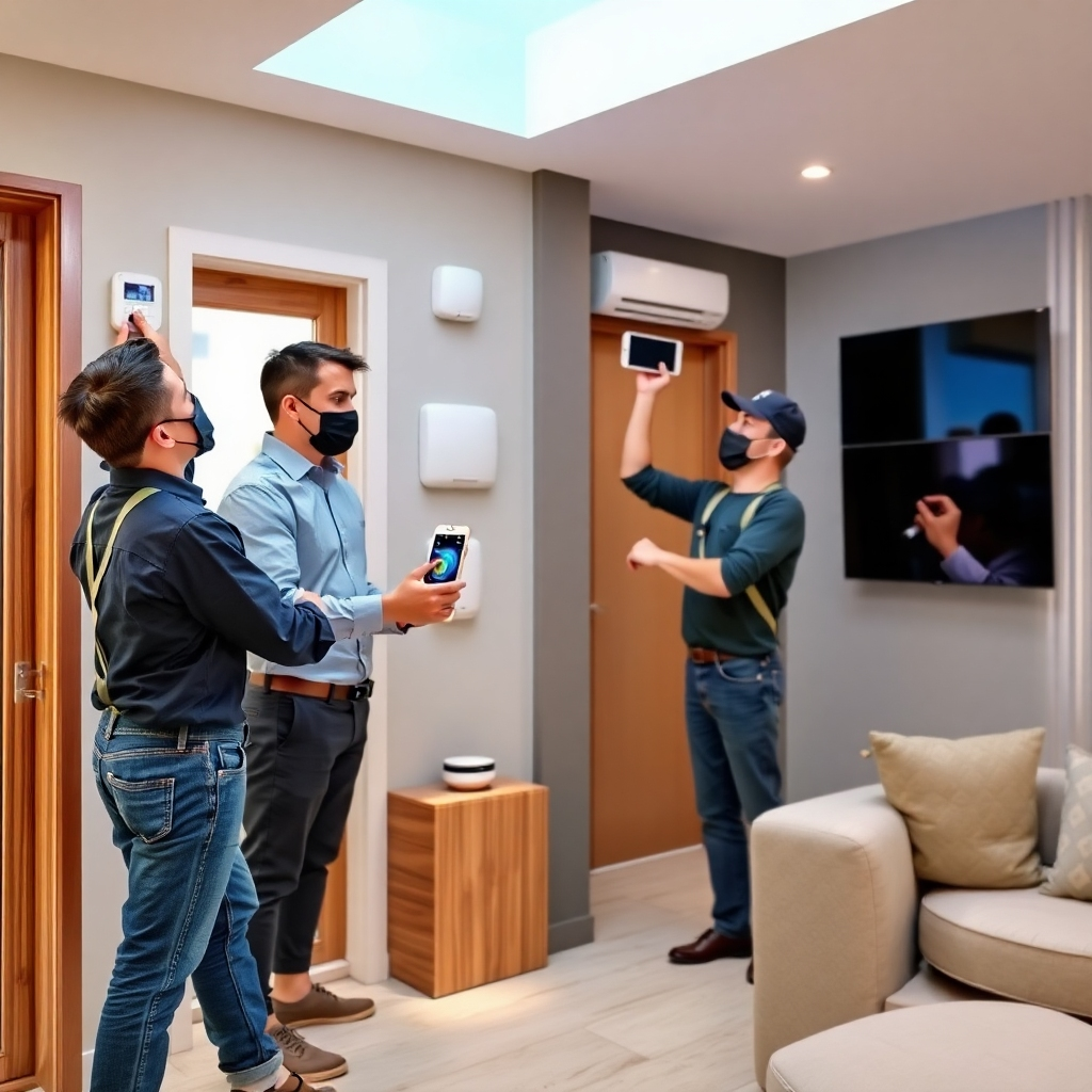 An image showing technicians installing smart home devices in a modern house, emphasizing the integration of technology into the home environment. Showcasing expertise and efficiency.