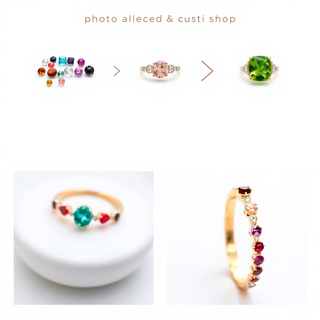 An image showing the process of designing a custom gemstone bracelet. This could be a series of photos showing the selection of stones, the design process, and the final product. The lighting should be soft and natural. The camera angle should be a variety of shots showing different stages. The style should be clean and professional. The color palette should be bright and varied.  Technical specs: 4K resolution, photorealistic style.