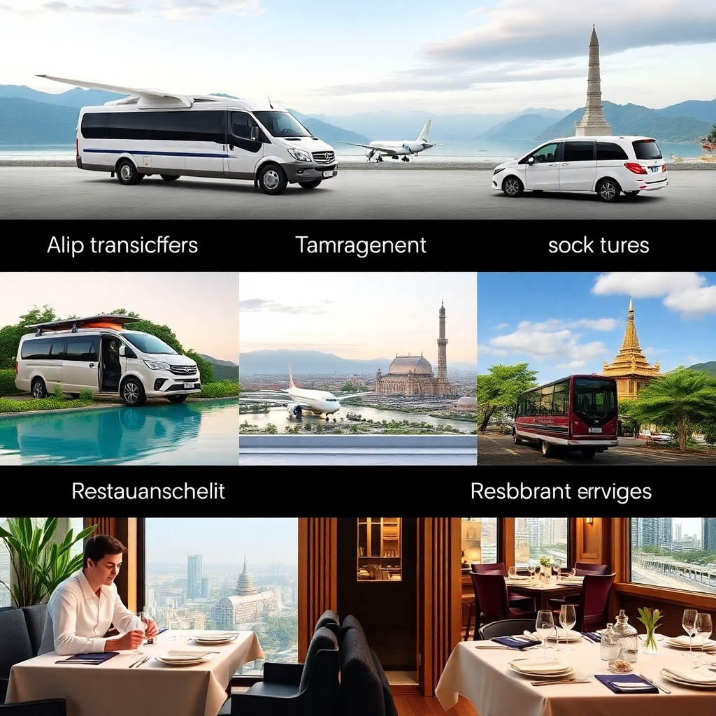 An image that depicts various concierge services like airport transfers, tour arrangements, restaurant bookings, and other services, with a background that reflects Thailand's tourism industry. Style reference: Lifestyle magazines. Resolution: 4K