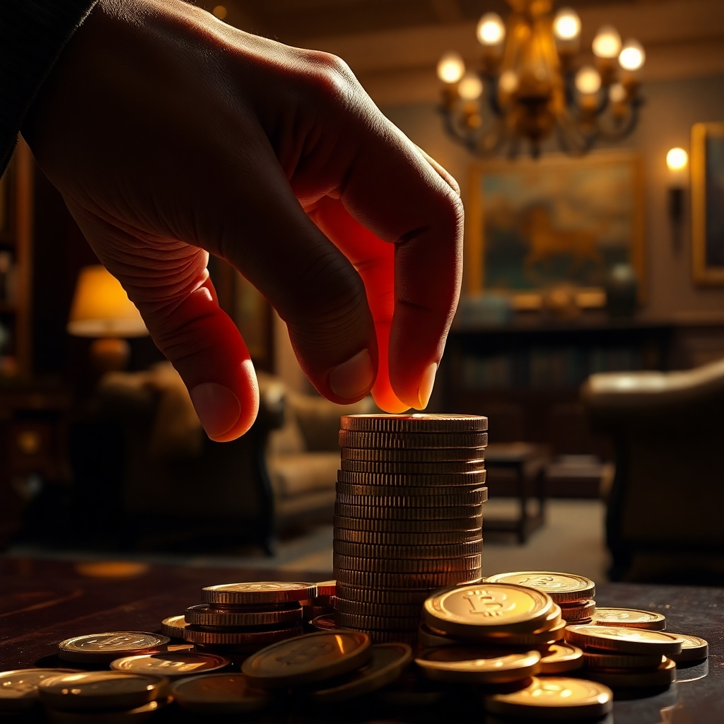 An ultra-detailed, hyperrealistic image of a hand reaching for a stack of gold coins, bathed in dramatic side lighting that casts strong shadows.  The color palette is a mix of deep golds, browns, and blacks, creating a mood of both prosperity and caution. The camera angle is a close-up shot, focusing on the hand and coins. The textures are extremely realistic, showing the smooth surface of the coins and the subtle lines on the skin of the hand.  The background is a subtly blurred image of a luxurious office setting, with hints of elegant furniture and expensive artwork.  In the style of a classic still life painting, with a focus on sharp details and rich textures. The image must have an 8K resolution, and convey a sense of financial opportunity and potential risk.