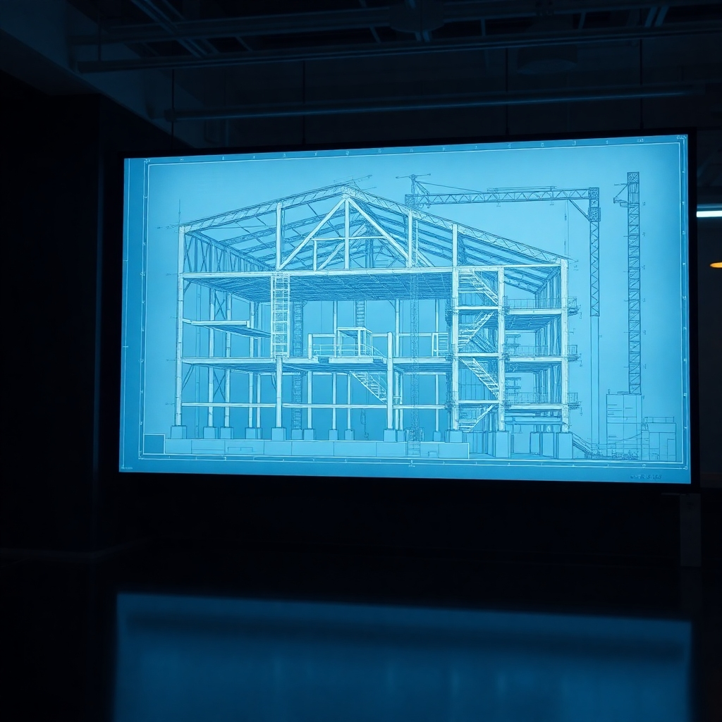 An ultra-detailed, hyperrealistic 8K image of a structural engineer's blueprint for a complex building. The blueprint is displayed on a backlit translucent screen, revealing intricate details of the structural framework. The scene takes place in a modern, dimly lit office space, with soft, ambient lighting highlighting the blueprint. The colors are cool and technical, with blues and greys dominating. The image should emphasize the precision and complexity of the structural design, showcasing the intricate network of beams, columns, and foundations. Camera angle: a close-up shot focusing on a specific section of the blueprint. The image must highlight the texture of the lines and annotations, demonstrating the precision and accuracy of the design. The overall style should evoke a sense of meticulous engineering and technical precision.  Reference the style of detailed technical illustrations from architectural textbooks. The image must clearly show the load-bearing elements, bracing systems, and foundation details