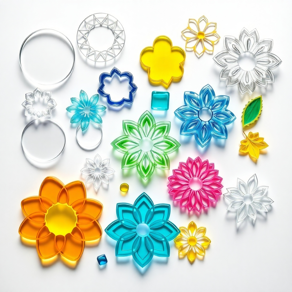 An ultra-detailed, hyperrealistic image (8K resolution) showcasing a variety of intricately cut acrylic shapes. These shapes include geometric designs (circles, squares, triangles) organic forms (leaves, flowers, abstract shapes), and complex patterns. Each shape demonstrates clean, precise laser cutting, exhibiting sharp edges and smooth surfaces. The shapes are arranged artfully on a white background, illuminated by soft, diffused lighting that highlights their translucent quality and vibrant colors (ranging from clear to deep blues, greens, and yellows). The camera angle is directly overhead, providing a bird's-eye view, emphasizing the precision and artistry of the cuts.  The image should evoke a sense of elegance, creativity, and versatility.  The style should be similar to that of high-end design catalogs, emphasizing the visual appeal and precision of the acrylic pieces.  A color chart is subtly placed in a corner to show the range of available colors.