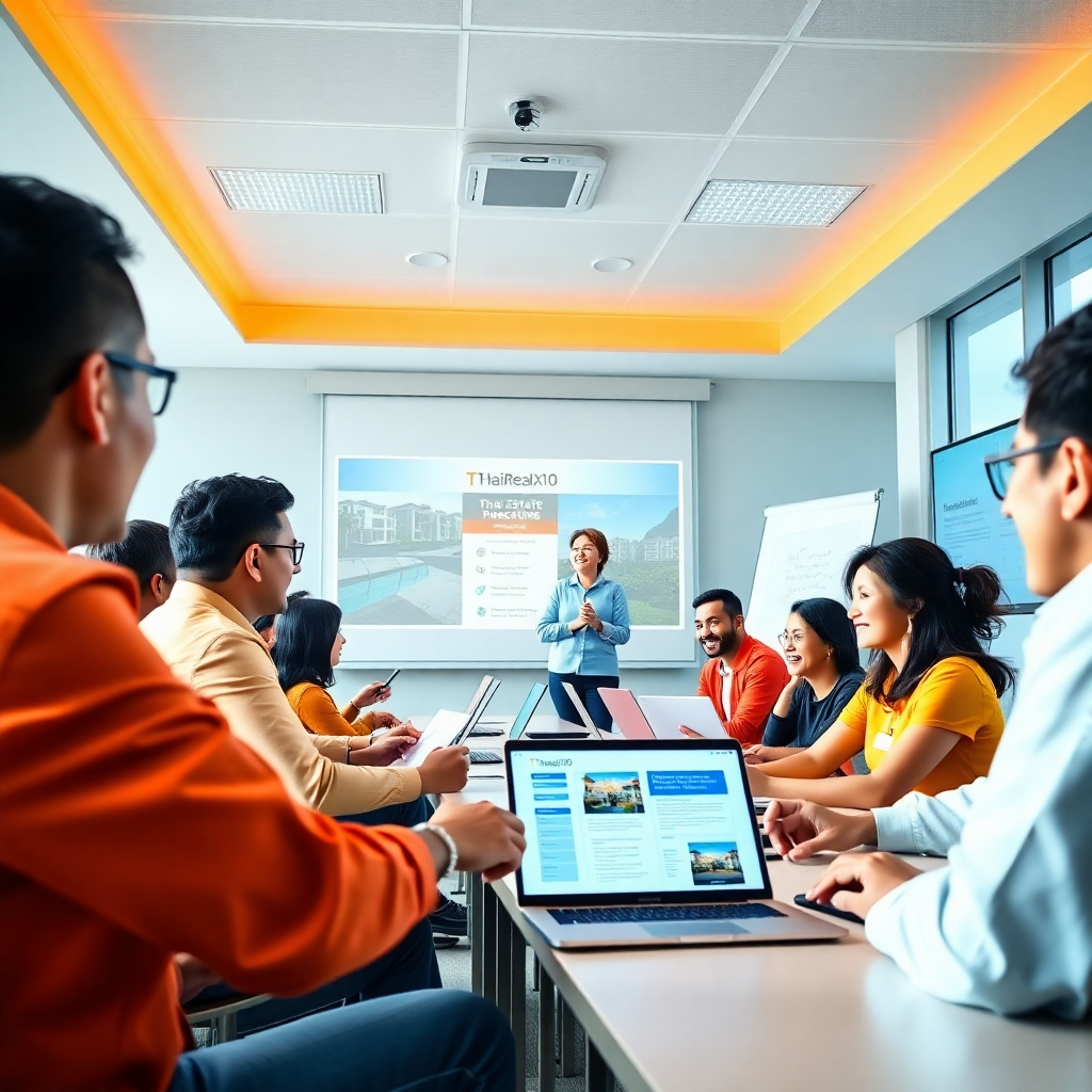 An ultra-high definition (8K), hyperrealistic image depicting a dynamic training session for real estate affiliates in a modern, bright classroom in Pattaya. The lighting is bright and even, with large windows providing natural light. The color palette is vibrant and energetic, with pops of orange and blue against a neutral background. The camera angle is slightly low, looking up towards the energetic trainers and engaged affiliates.  Detailed textures of whiteboards, presentation materials, and laptop screens are visible. The background subtly displays Pattaya real estate imagery. The style should be photorealistic with a touch of dynamism, similar to the work of National Geographic photographers. Specific details include branded ThaiRealX10 materials and happy, diverse participants actively engaged in the learning process.