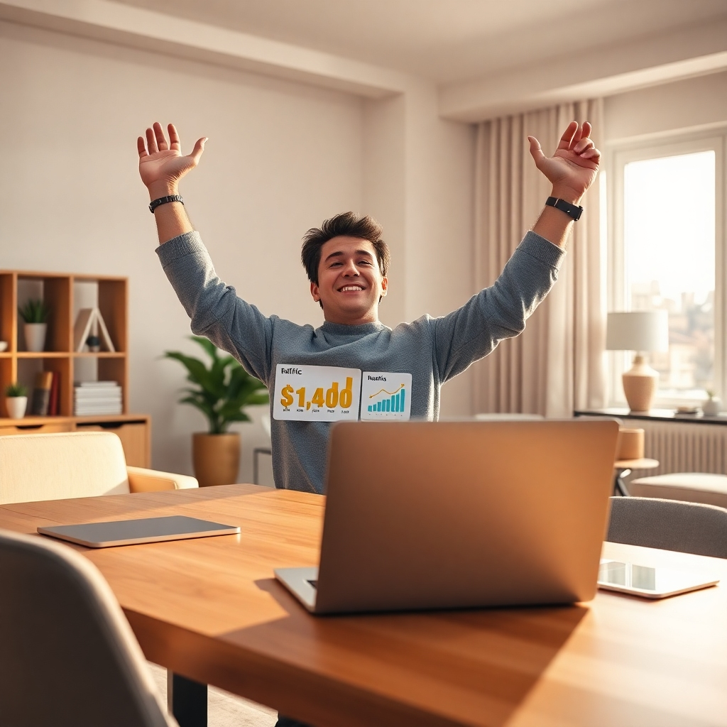 An ultra-high definition (8K) photorealistic image portraying a celebratory moment in a modern, stylish home office. A young, successful blogger, dressed professionally yet casually, is enthusiastically raising their arms in victory, while looking at a laptop displaying impressive website analytics with high traffic numbers and income generated. Soft, diffused light streams in from a large window, creating a warm and inviting ambiance. The color palette is vibrant and optimistic, with pops of gold and bright colors representing success and financial achievement.  The composition showcases the laptop as the central element, with the blogger’s joyful reaction adding a human touch. The desk is clean and organized, displaying a few stylish accessories. The room features modern furniture with clean lines and a minimalist aesthetic. The overall mood is exhilarating and triumphant. The camera perspective is a medium shot, focusing on the blogger and their reaction to the positive analytics.  The textures are extremely detailed: the smooth surface of the laptop, the texture of the fabric of the clothes, the subtle grain of the wood desk.  The image style should be inspired by the work of fashion and lifestyle photographers like Mario Testino, capturing the energy of success in a clean, sophisticated setting. The image is hyperrealistic, showing realistic reflections and shadows.