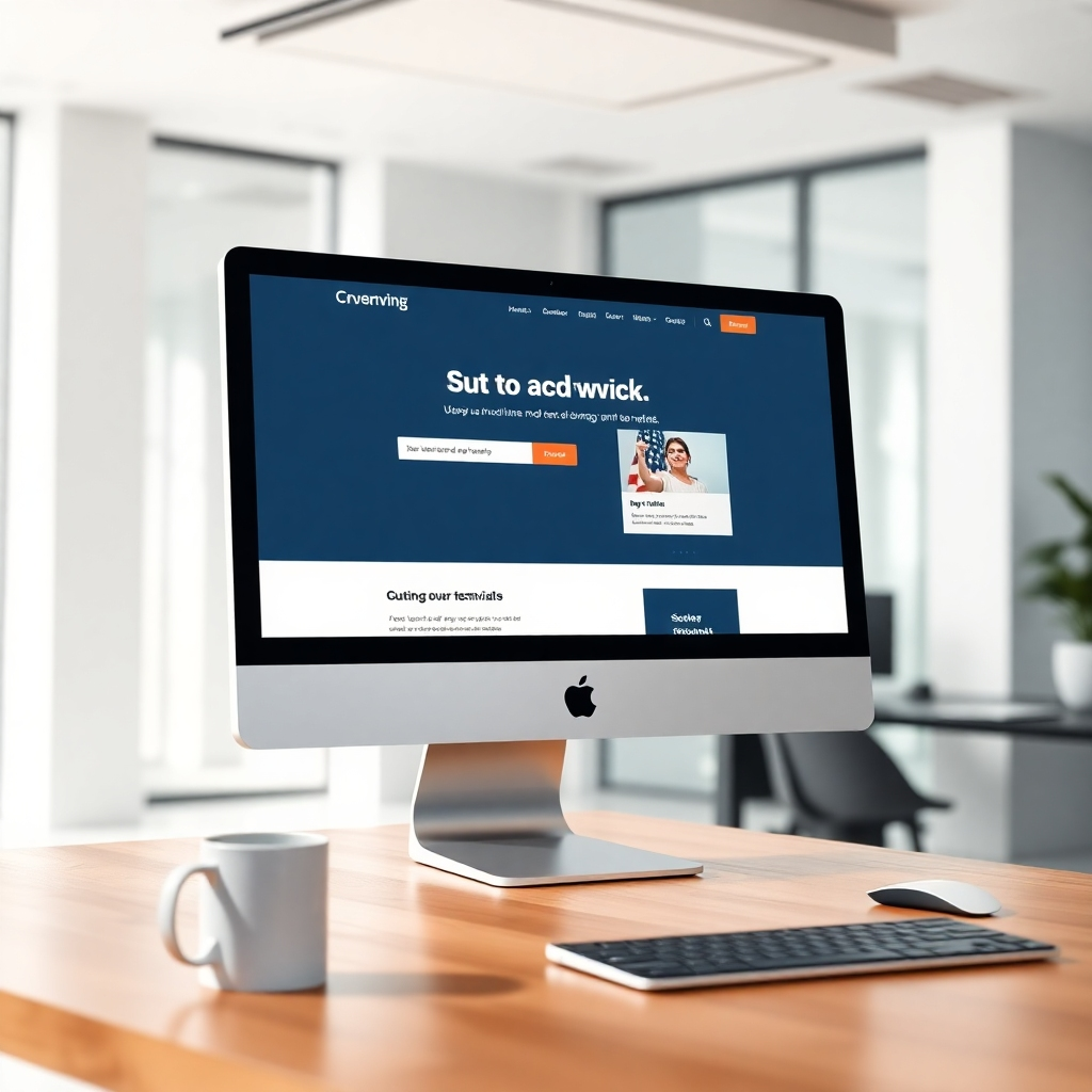 An ultra-high-definition (8K resolution), photorealistic image depicting a sleek, modern business website on a large iMac screen. The screen displays a beautifully designed landing page, showing a call to action and testimonials. The surrounding environment is a bright and modern office setting. The overall mood should be professional, sleek, and clean. Soft, diffused lighting casts a gentle glow on the scene.  The color palette is sophisticated and modern, featuring shades of gray, white, and deep blue. Camera angle: slightly elevated, looking down at the screen. Materials should be emphasized, with realistic textures for the iMac screen, the sleek metal casing, and the wooden desk. Props include a coffee mug, wireless mouse, and wireless keyboard. The style should be inspired by contemporary technology photography, focusing on clean lines and minimalist aesthetics.  The image should evoke a sense of professional success and technological advancement.  The background should be a blurred yet detailed view of a modern and organized office. The focus is on the polished look and feel of the website on the screen, with the goal of showcasing its professional and effective design.