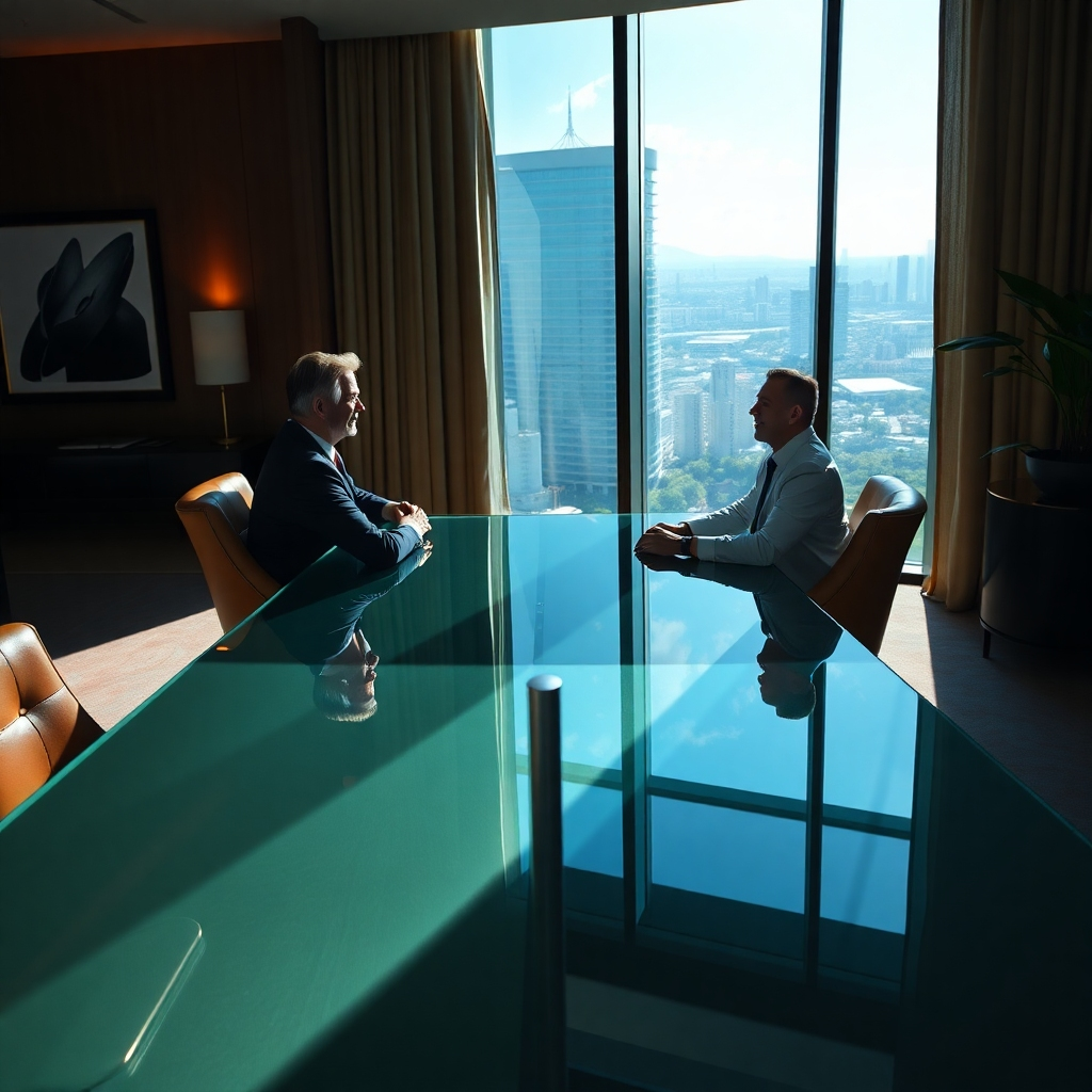 An ultra-high definition (8K) image depicting a financial advisor and a client sitting across a minimalist, modern glass table. The setting is a luxurious, high-rise office with a panoramic view of Pattaya's skyline visible through large windows.  Dramatic side lighting casts a sophisticated shadow, highlighting the textures and details. The color palette is rich and warm, with deep blues, gold accents, and natural wood tones. The camera angle is a medium shot from the client's perspective, creating a feeling of connection. Texture and material details should be highly realistic, emphasizing the smooth glass of the table, the leather texture of the chairs, and the reflective surfaces of the surrounding objects.  Environmental elements include a sophisticated and modern cityscape view, subtle artwork on the walls, and lush greenery visible outside the window.  The overall mood is confident and reassuring. Style reference:  Similar to high-end financial advertising photography. The image should be hyperrealistic, emphasizing detail and precision.