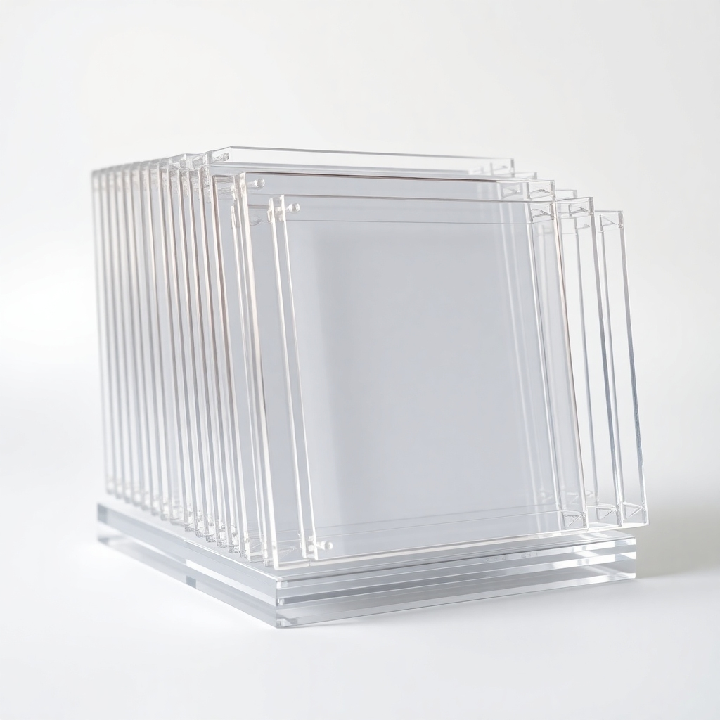 An ultra-high definition (8K) image showcasing a stack of identical, high-quality acrylic photo frames.  The frames are rectangular with a simple, elegant design. The lighting is bright and even, highlighting the clarity and shine of the acrylic material. The color palette is neutral, with a focus on the clean, transparent quality of the acrylic. The camera angle is slightly elevated, showing several frames stacked neatly.  The texture of the acrylic is flawlessly smooth and polished, reflecting the light uniformly. The background is a clean, minimalist white studio setting. The image should be hyperrealistic and ultra-detailed, showcasing the precision and quality of the manufacturing process. The style resembles a high-end product photography catalog.  Individual frames should be slightly angled to show the depth and thickness of the acrylic.  The image evokes a sense of professionalism and high-volume production.