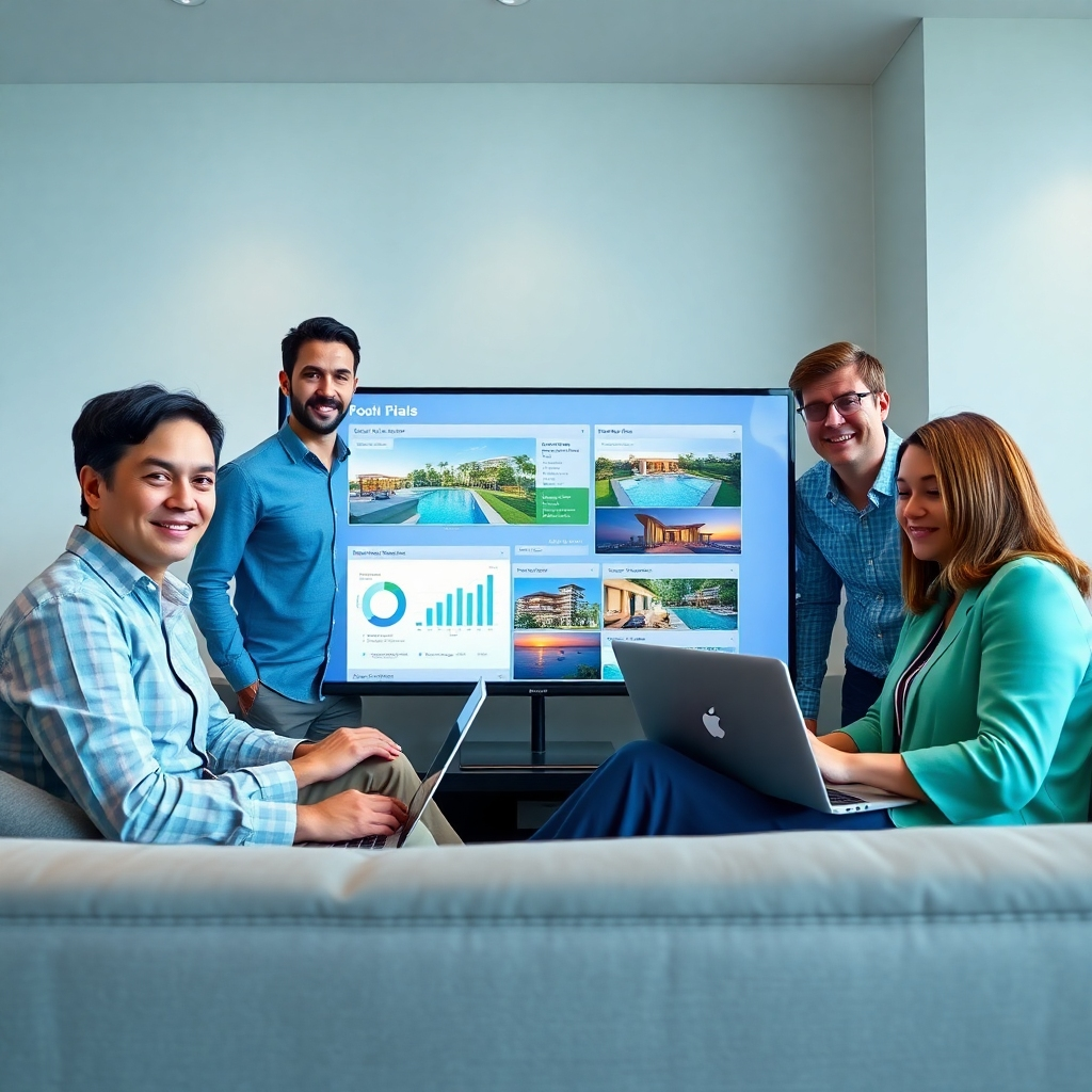 An ultra-high-definition (8K), hyperrealistic image depicting a team of marketing professionals collaborating around a large screen displaying data and marketing campaign graphics for luxury Pattaya properties. The lighting is soft and diffused, creating a clean and professional atmosphere. The color palette emphasizes calming blues and greens, symbolizing trust and growth, but also incorporates bright, energetic accents in the data visualizations. The perspective is from a slightly elevated angle, looking down at the team, capturing their engaged expressions. The team comprises diverse individuals who look confident and successful.   The screen shows charts, graphs, and high-quality images of pool villas and condos.  Textures are extremely detailed: the smooth surface of the screen, the subtle texture of the fabric on the sofa, the glossy finish on the laptops. The background is a minimalist, modern office space. The overall mood is one of collaboration, innovation, and success. Style reference: Similar to a contemporary corporate marketing campaign photoshoot.  The image should evoke a feeling of professional and technologically advanced marketing strategy.