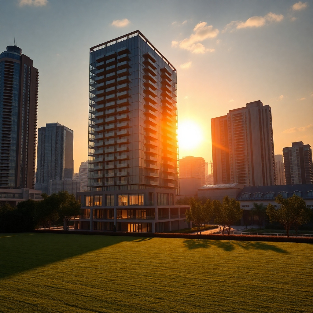 An ultra-high definition, 8K resolution image, hyperrealistic and photorealistic, in the style of a high-end real estate magazine advertisement. The image features a stunning modern high-rise condominium, bathed in the warm glow of a setting sun. The lighting is dramatic, with long shadows adding depth and highlighting the building's architectural details.  The color palette is rich and luxurious, with warm golds, cool blues and neutral grays.  The camera angle is a wide shot, showcasing the building's grandeur and surrounding cityscape. The image emphasizes texture and material details; the sleek glass facade reflects the city lights, while the landscaping is lush and meticulously maintained.  The overall mood is aspirational and luxurious. The background includes a sophisticated, modern cityscape, adding to the image's ambiance.  The foreground includes neatly manicured lawns, creating a strong contrast between the natural and man-made elements. Highlighting the building's prestigious location and luxury features.