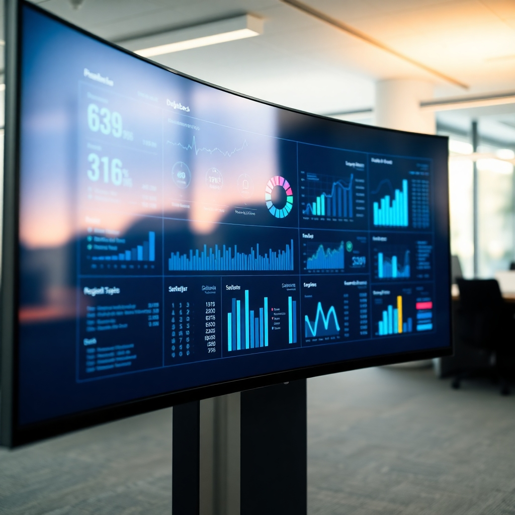 An ultra-high definition, hyperrealistic image depicting a large curved screen displaying a comprehensive interactive dashboard showcasing dynamic data visualizations. The visuals should include key performance indicators (KPIs) such as website traffic, conversion rates, social media engagement, and return on investment (ROI), presented as clear, easy-to-understand charts and graphs.  The lighting is soft and diffused, highlighting the detailed data on the screen. The color palette should be sophisticated and professional, incorporating blues, greens, and purples to represent data trends. The camera angle should be a close-up, focusing on the crucial elements of the dashboard.  The texture and material should highlight the high-tech nature of the screen and the surrounding environment. The background shows a modern office space with soft lighting, suggesting a clean and efficient workspace. The overall mood should be professional, confident, and driven by data. Style reference: cinematic, high-tech, sleek; inspired by the visual style of science fiction films. 8K resolution, ultra-detailed.