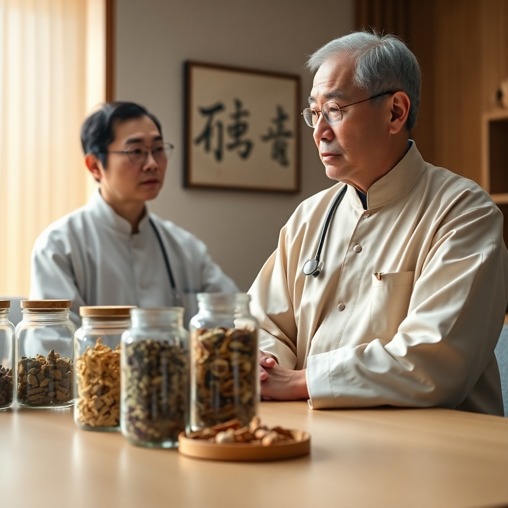 An ultra-high definition, hyperrealistic image depicting a consultation between a doctor and patient in a traditional Chinese medicine clinic. The setting is a warmly lit, minimalist room with natural wood accents and calming earth tones. The doctor, dressed in a traditional Chinese medical robe, is attentively listening to the patient, who is describing their symptoms. On the doctor's desk are various glass jars filled with dried herbs, meticulously arranged.  A soft diffused lighting creates a calm and trusting atmosphere. The camera angle should be over the shoulder of the patient, focusing on the doctor's concerned expression and the details of the herbs. The image should evoke a sense of trust, expertise, and ancient wisdom. The style should emulate the work of contemporary medical photographers, focusing on both the human element and the precision of traditional medicine. Textures should be highly detailed, emphasizing the rough textures of the herbs and the smooth surface of the table. The background contains subtle traditional Chinese artwork.