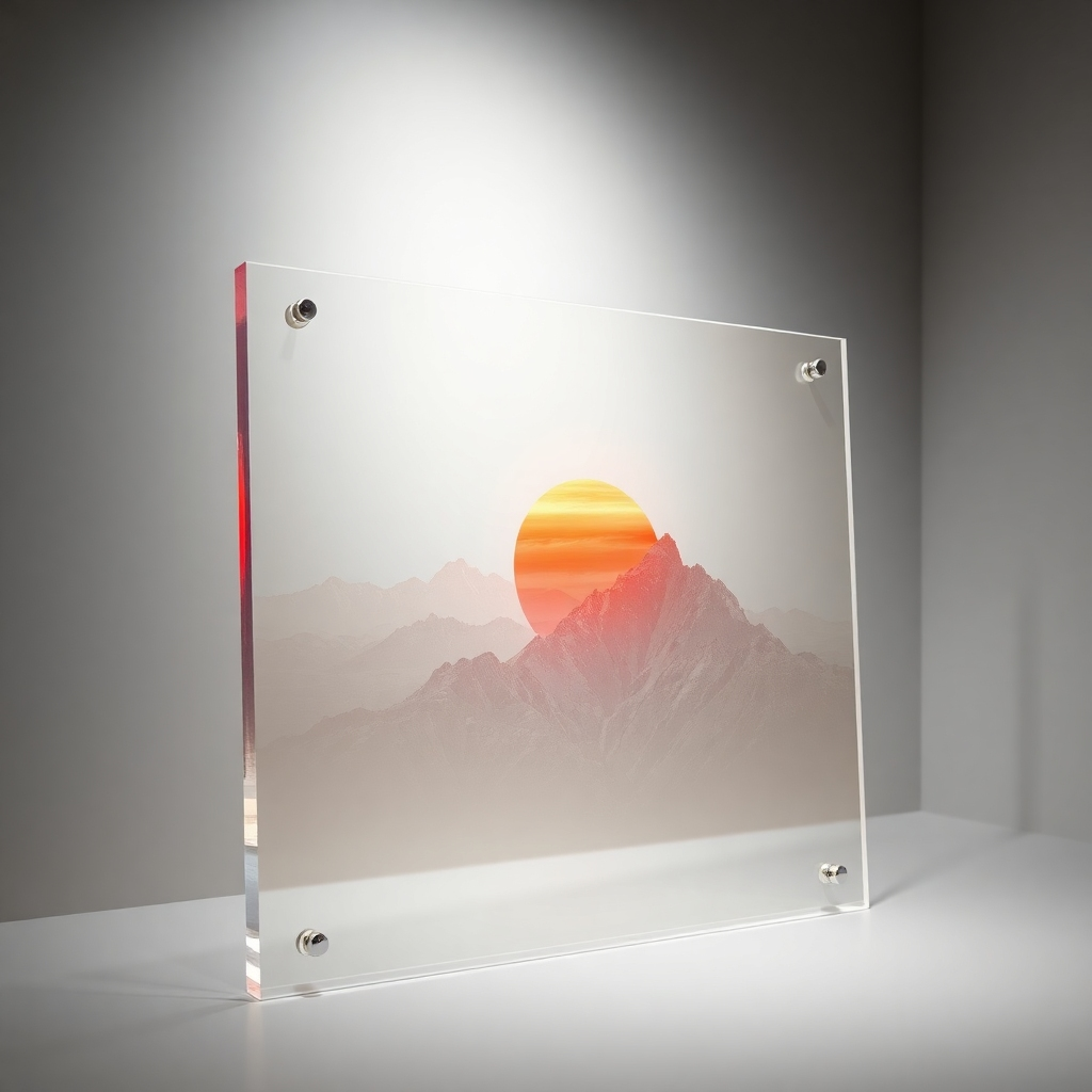 An ultra-high definition image, 8K resolution, showcasing a crystal-clear laser engraving of a vibrant photograph on a transparent acrylic sheet. The photograph is a detailed landscape featuring a sunset over a mountain range, with rich, warm colors and deep shadows. The acrylic sheet is placed against a soft, neutral-colored background, such as a pale grey, allowing the image to stand out vividly. The lighting is soft and diffused, minimizing harsh reflections on the acrylic's surface, while emphasizing the intricate details of the engraved photograph.  The camera angle is slightly elevated and angled to create a sense of depth and perspective. The overall style is hyperrealistic, showcasing the clarity and precision of the laser engraving. The texture of the acrylic is subtly visible, adding to the image's realism. The engraved image exhibits a high dynamic range with fine details such as subtle gradations of color and sharp edges in the mountain ranges. The look and feel of the image should evoke an artistic print, high quality and refined. The scene's mood is serene, peaceful, and captivating, representing the memory captured in the engraved photograph. The style is inspired by the precise and vivid works of renowned nature photographers such as Ansel Adams.