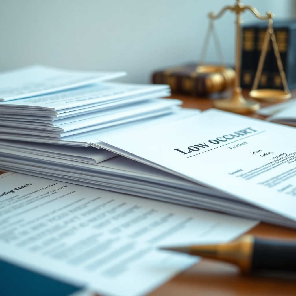 An ultra-high definition image depicting a professional and organized workspace, focusing on a meticulously arranged stack of legal documents pertaining to real estate transactions.  The scene is lit with soft, even lighting, avoiding harsh shadows.  The color palette is calming and professional, featuring neutral tones with subtle accents of blue and gold to create a sophisticated atmosphere. The image emphasizes the texture of the paper, the sharp print quality, and the orderly arrangement of the documents, conveying a sense of professionalism and competence. The camera angle is a slightly elevated close-up shot, focusing on the key documents, such as contracts and title deeds. The style is clean, crisp, and modern, suggesting efficiency and order. The overall mood is one of assurance and reliability. The background should suggest a modern, well-appointed office environment with hints of legal related items, such as a law book or a subtly visible lawyer's seal.  The image must highlight the careful and precise nature of the document management service, providing a sense of security and trust.