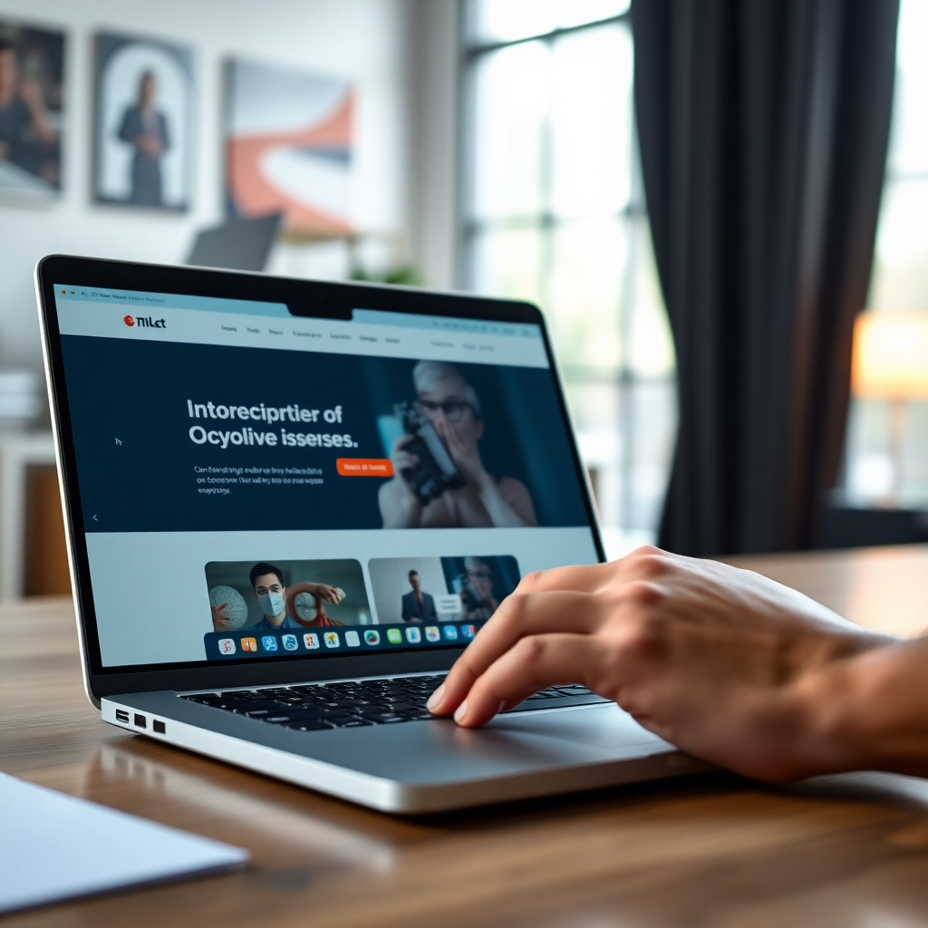 An ultra-high definition image (8K), captured with a shallow depth of field and soft, natural lighting, showcasing a modern, responsive website design on a high-end laptop screen. The website should feature clean lines, a minimalist design, and high-quality images.  The color palette should be sophisticated and professional, perhaps incorporating shades of deep blue, charcoal gray, and pops of vibrant color (consistent with branding). The image should be rendered in a photorealistic style, with visible texture on the laptop's metallic surface. A partially visible hand interacts with the laptop, subtly highlighting user engagement. The background should be a blurred but visually appealing workspace, with elements suggesting creativity and innovation. The camera angle should be slightly elevated and looking down onto the laptop screen, emphasizing the website's design.   Textures should be highly detailed, with visible reflections on the laptop screen and the subtle texture of the desk's surface. The overall style should reference the clean lines and modern aesthetics of Apple product photography.  The mood should convey professionalism, creativity, and efficiency. The scene should be subtly suggestive of collaboration and teamwork, hinting at other colleagues in the softly blurred background.