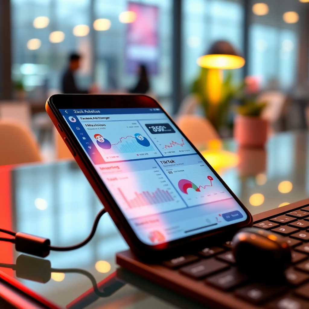 An ultra-high-resolution (8K), hyperrealistic image showing a close-up of a smartphone screen displaying a Facebook Ads Manager dashboard alongside a TikTok analytics dashboard.  The screens show relevant marketing metrics such as website clicks, conversions, and engagement rates.  The lighting is a warm, inviting glow, perhaps from an ambient desk lamp. The color scheme is vibrant and dynamic, reflecting the energy of social media marketing. The camera angle is a slightly low-angle, emphasizing the smartphone screen as the focal point. The smartphone is resting on a modern, glass-topped desk with a blurred background of a bustling office or co-working space.  The scene includes a few other tech-related props such as a wireless keyboard, a charging cable, and perhaps a pair of stylish wireless earbuds. The overall style is sleek and modern, inspired by the aesthetic of high-end technology product photography. Aim for sharp details, reflecting light realistically off the glass surfaces and screen. The image must depict the efficiency and professionalism of our services.